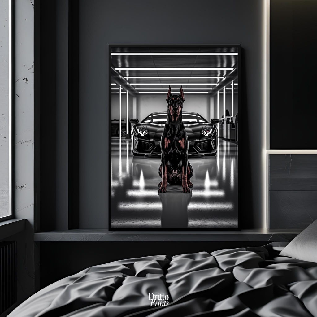 (FD6) The Garage King – Doberman and Aventador - Framed matte paper poster
