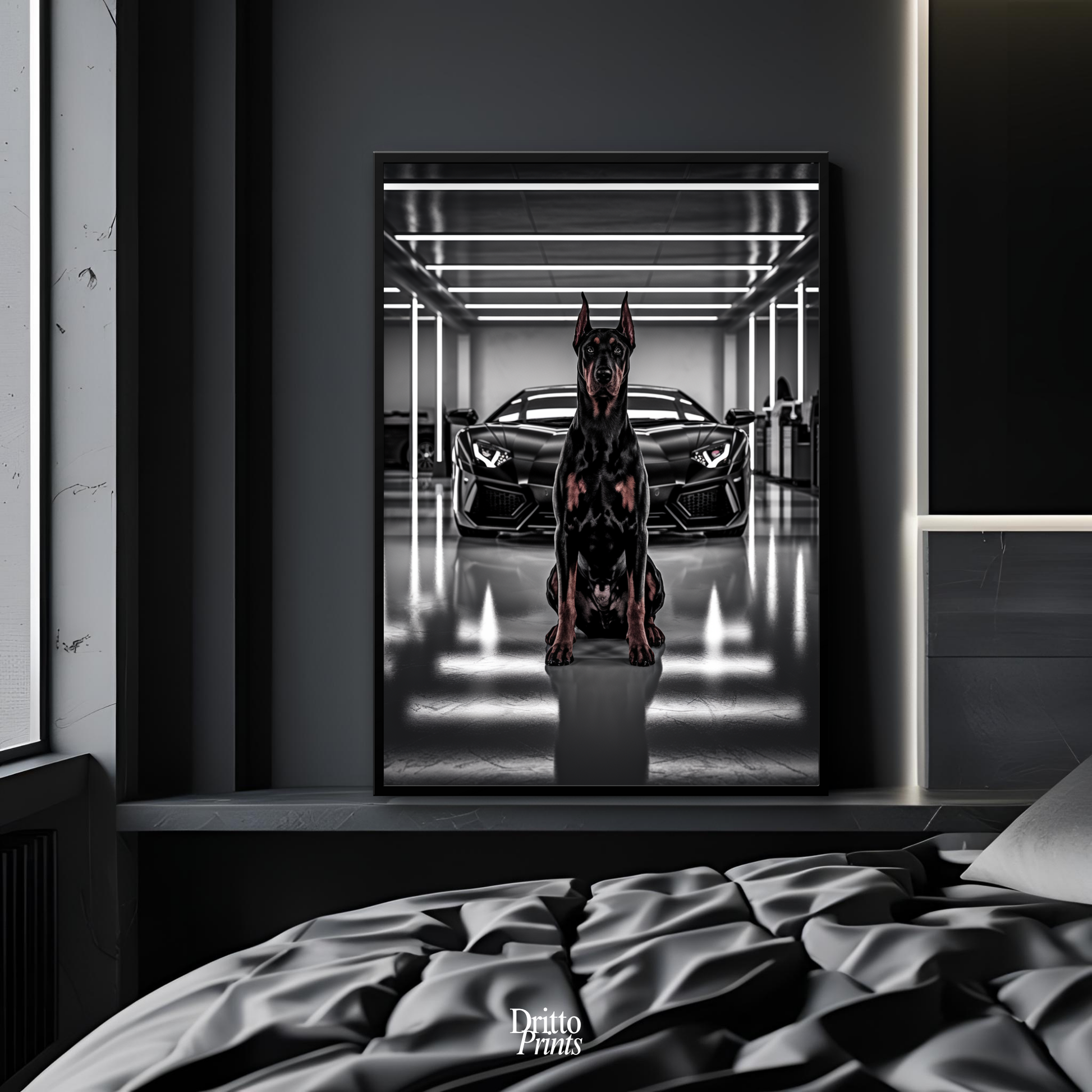 (FD6) The Garage King – Doberman and Aventador - Framed matte paper poster