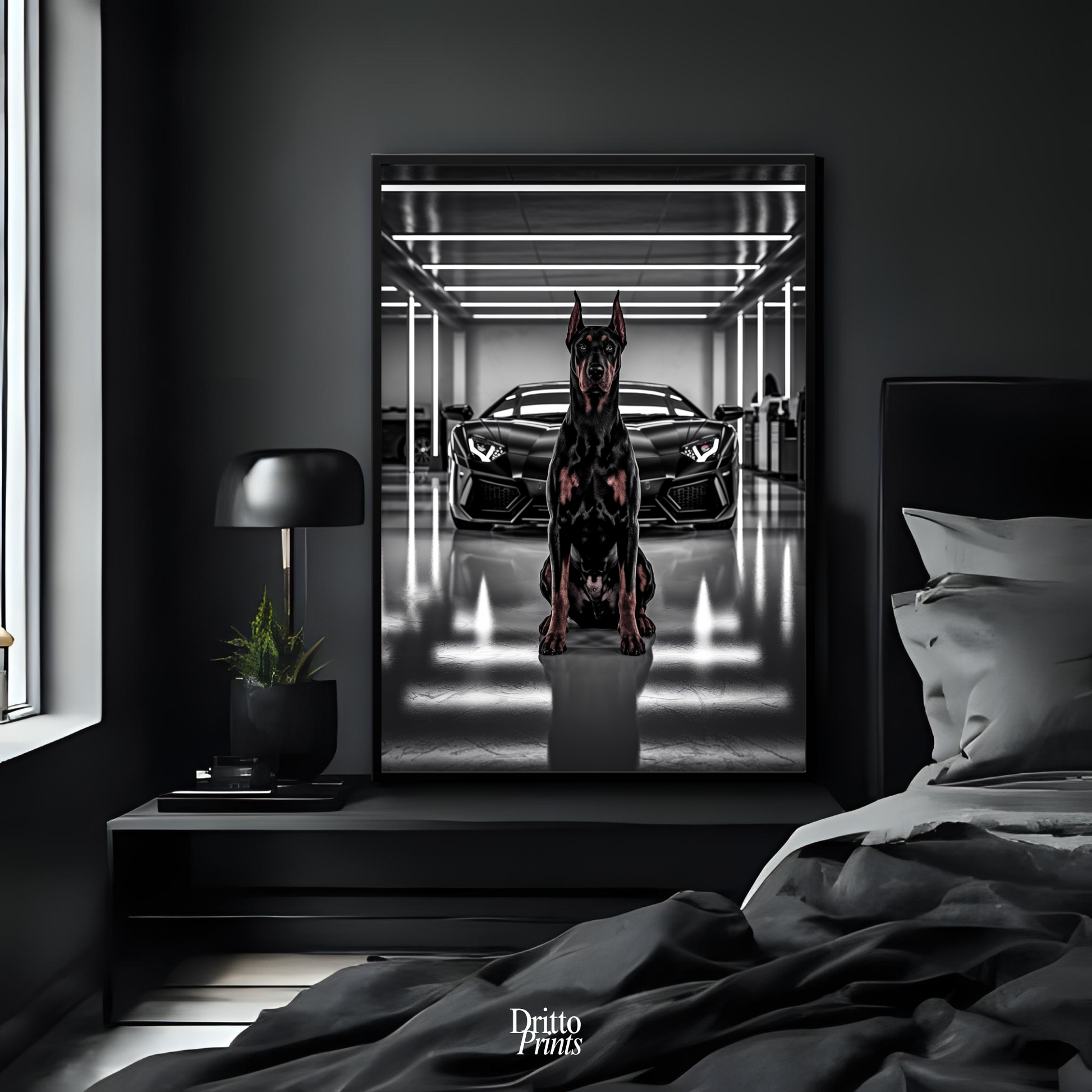 (FD6) The Garage King – Doberman and Aventador - Framed matte paper poster