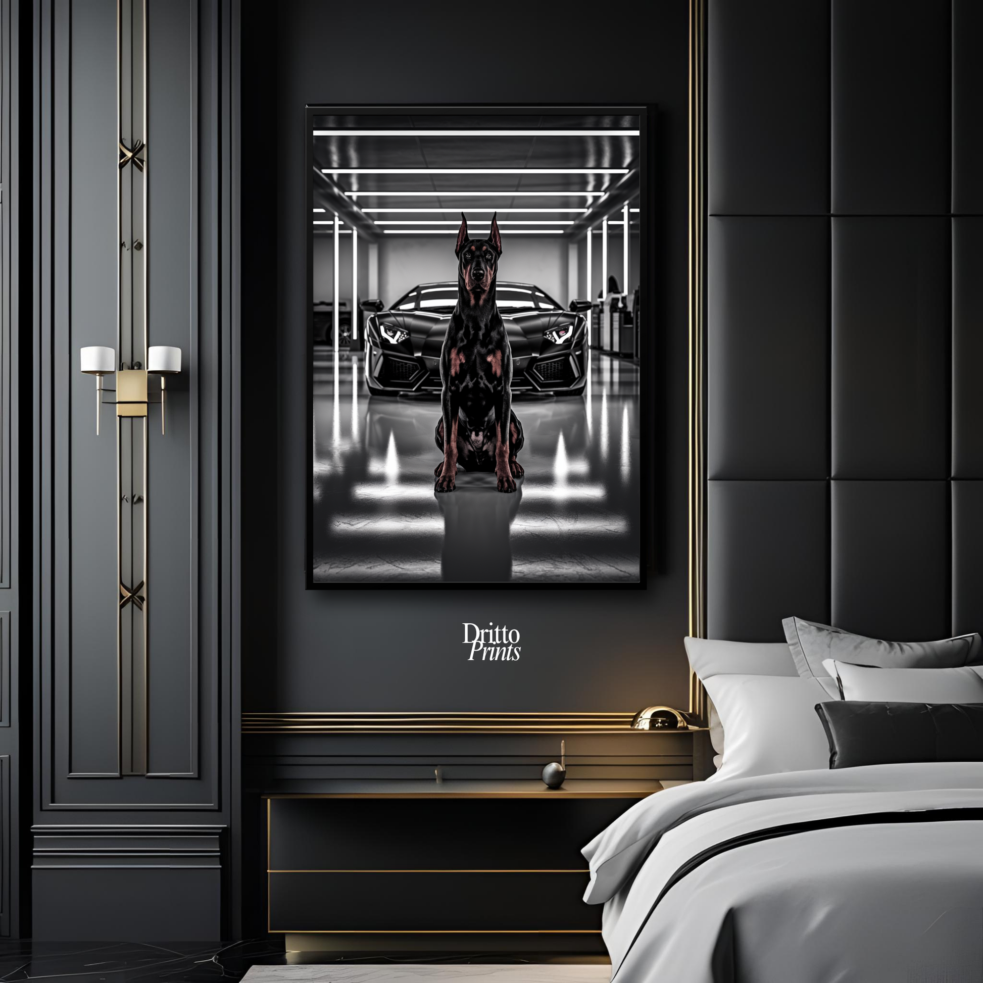 (FD6) The Garage King – Doberman and Aventador - Framed matte paper poster