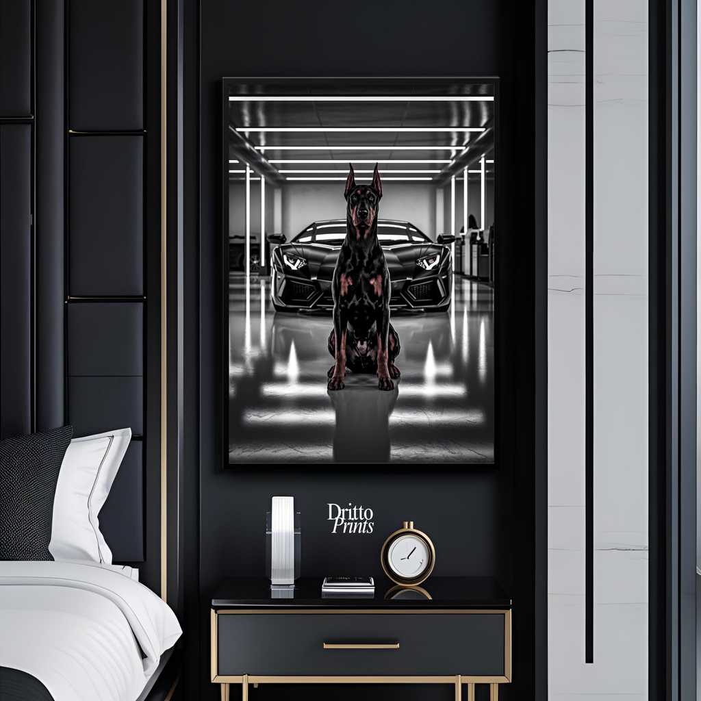 (FD6) The Garage King – Doberman and Aventador - Framed matte paper poster