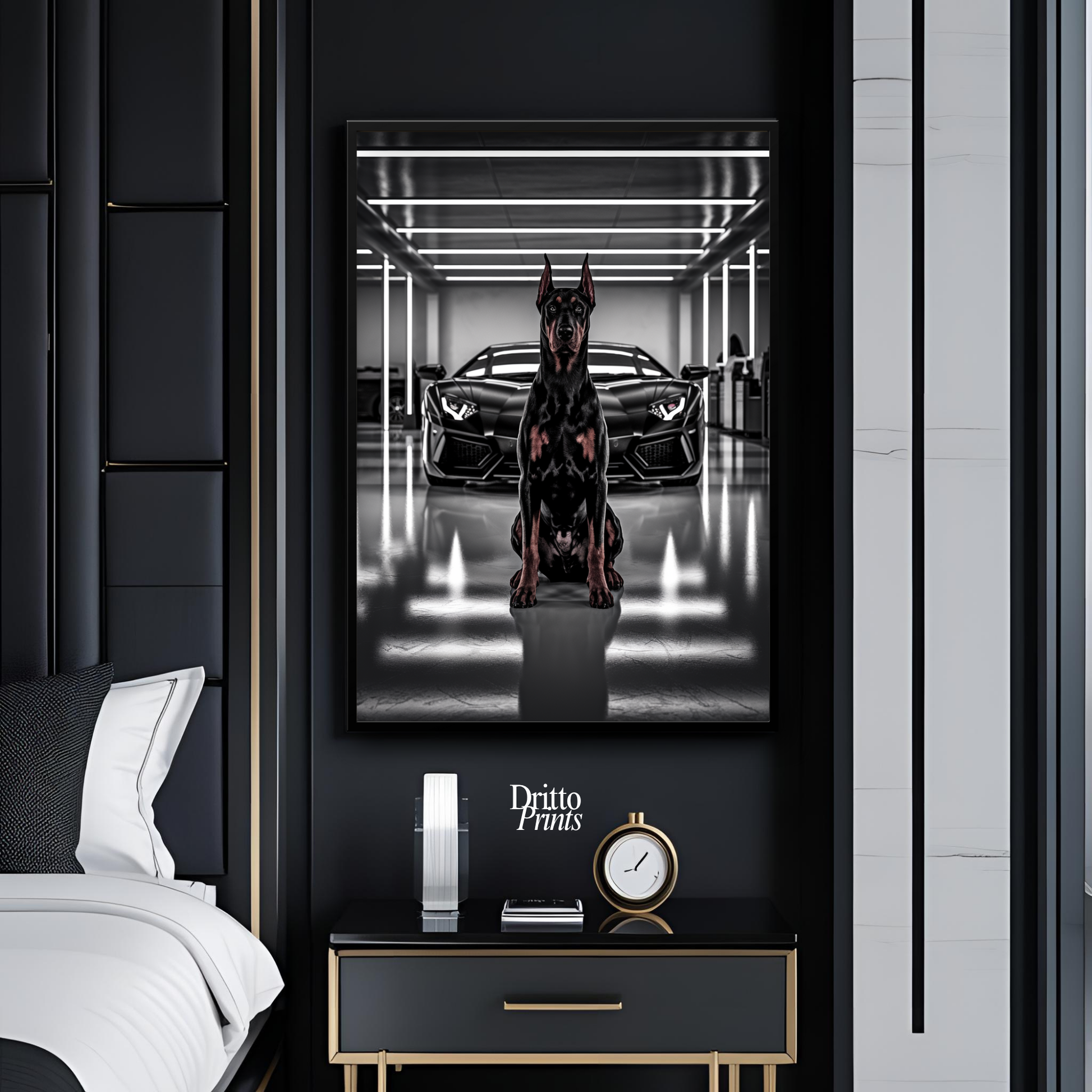 (FD6) The Garage King – Doberman and Aventador - Framed matte paper poster