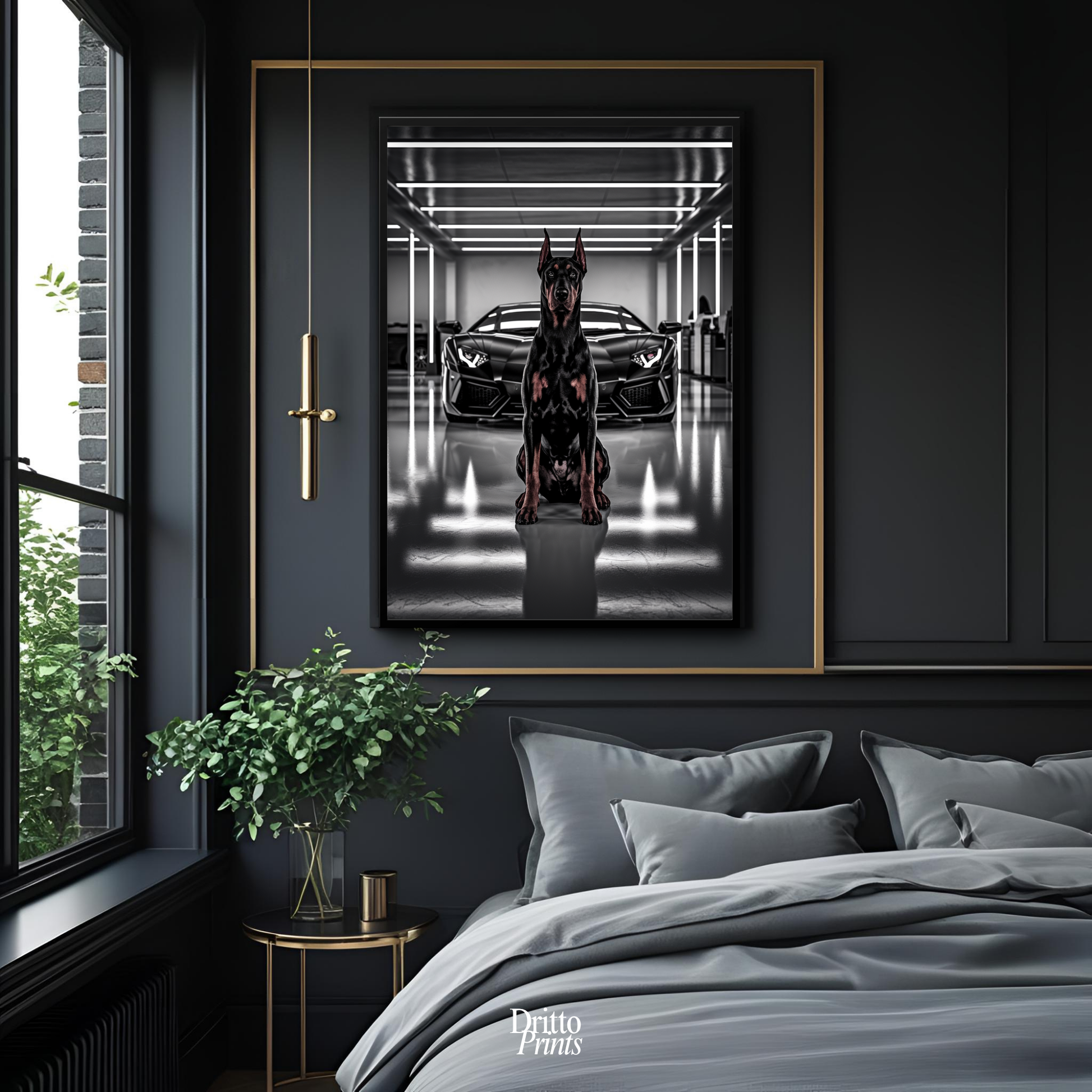 (FD6) The Garage King – Doberman and Aventador - Framed matte paper poster
