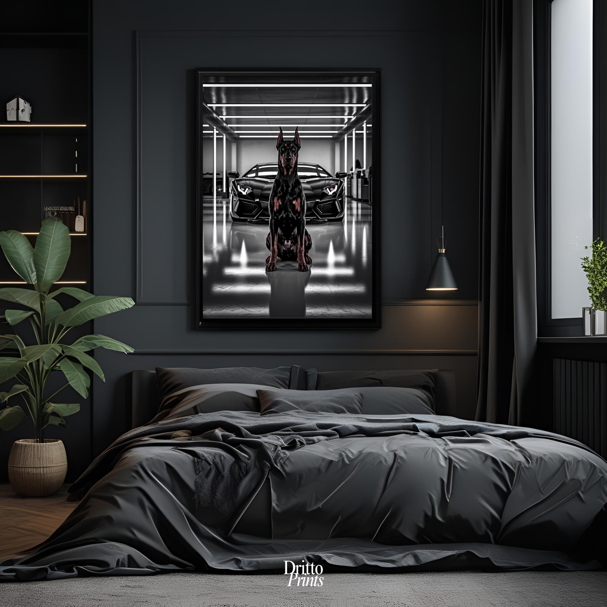 (FD6) The Garage King – Doberman and Aventador - Framed matte paper poster