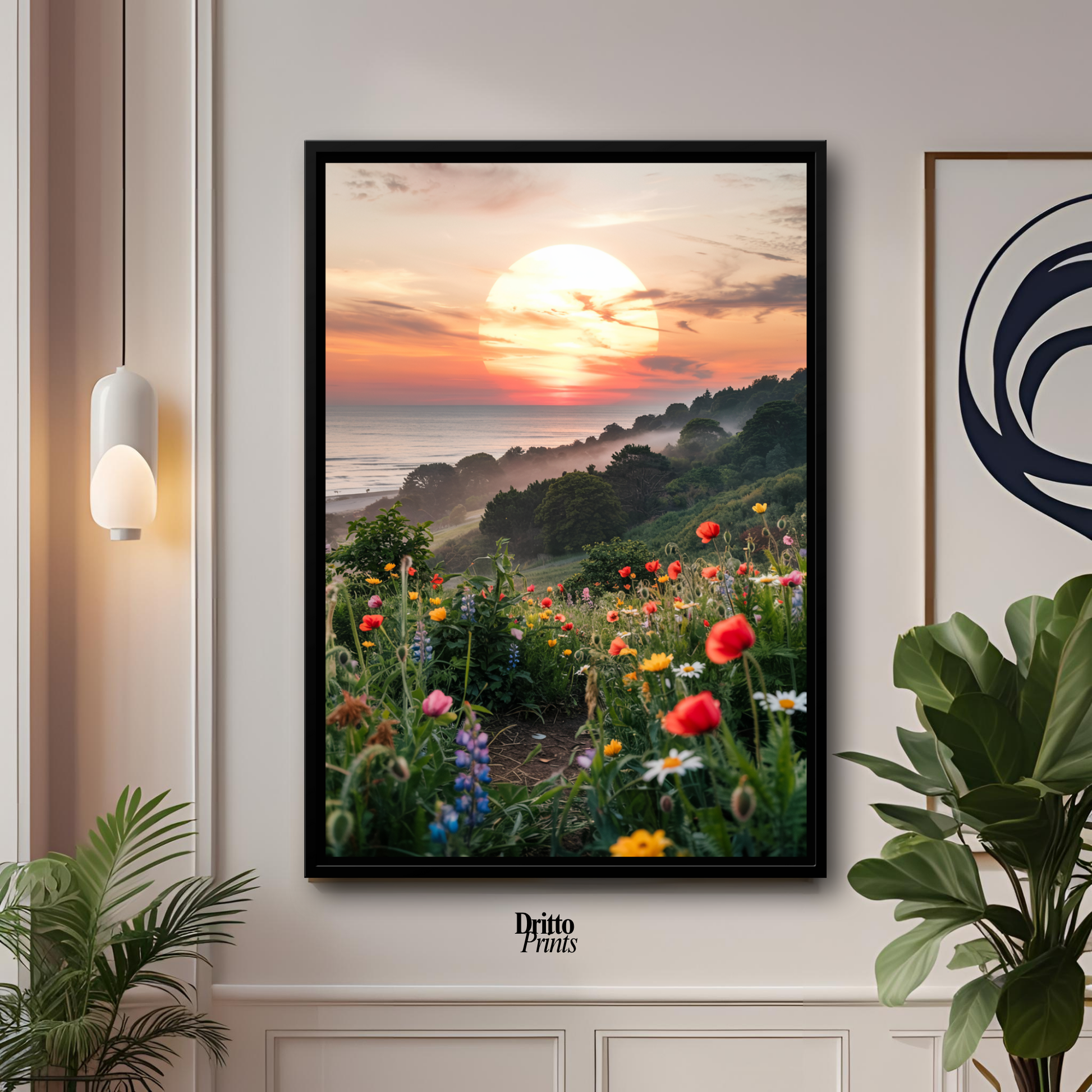 (CF5) Mystical Sunrise Over Hillside - Framed canvas