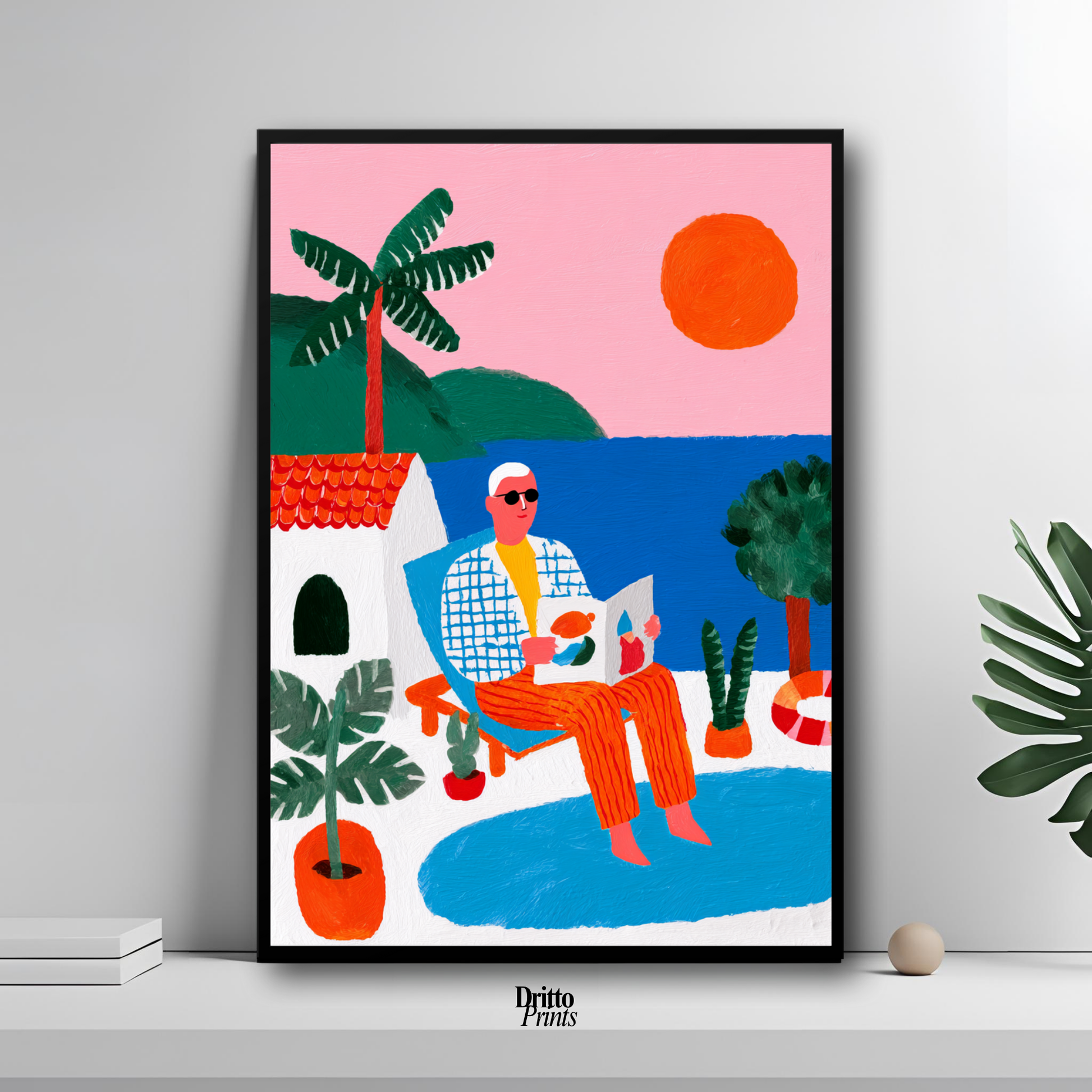 (FD37) Morning Glow by the Pool – 1980s Villa Scene Framed matte paper poster