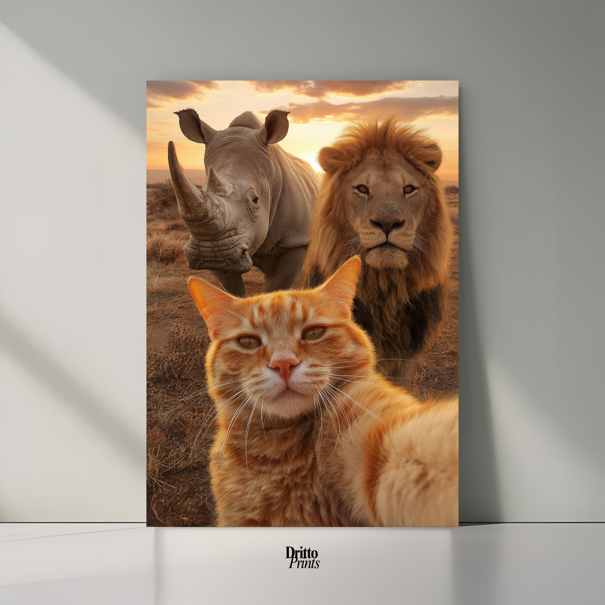 (PD26) Savannah Selfie: Tabby Cat, Lion & Rhino at Sunset Poster