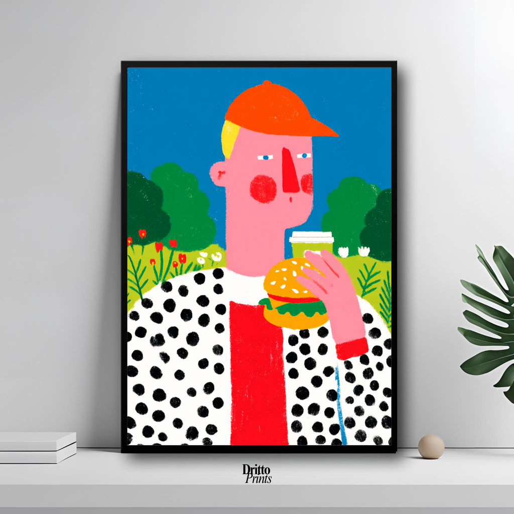 (FD45) Man Eating Burger in the Field –Framed matte paper poster