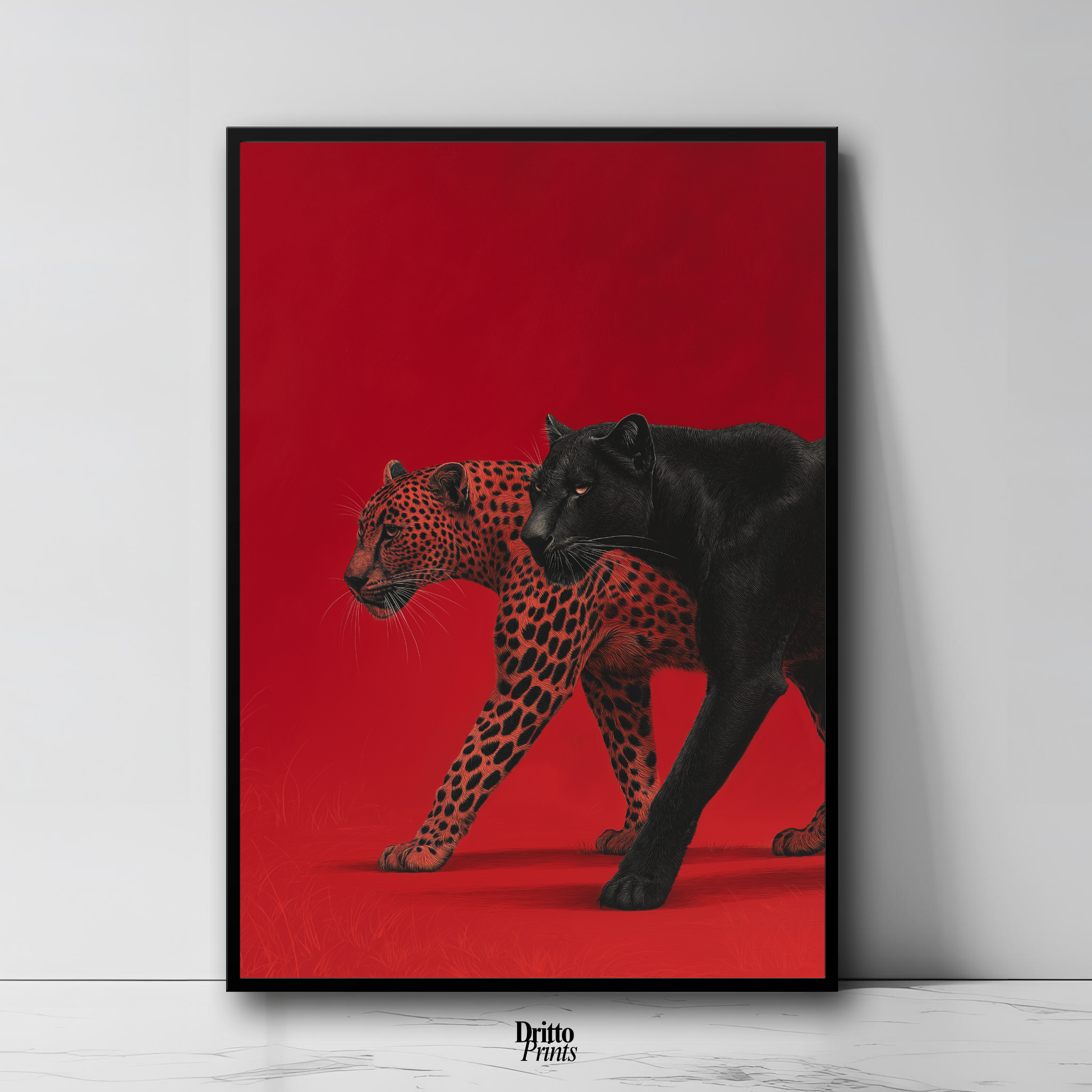 (FD32) Wild Pair – Black Panther & Cheetah Silhouette on Red Framed matte paper poster