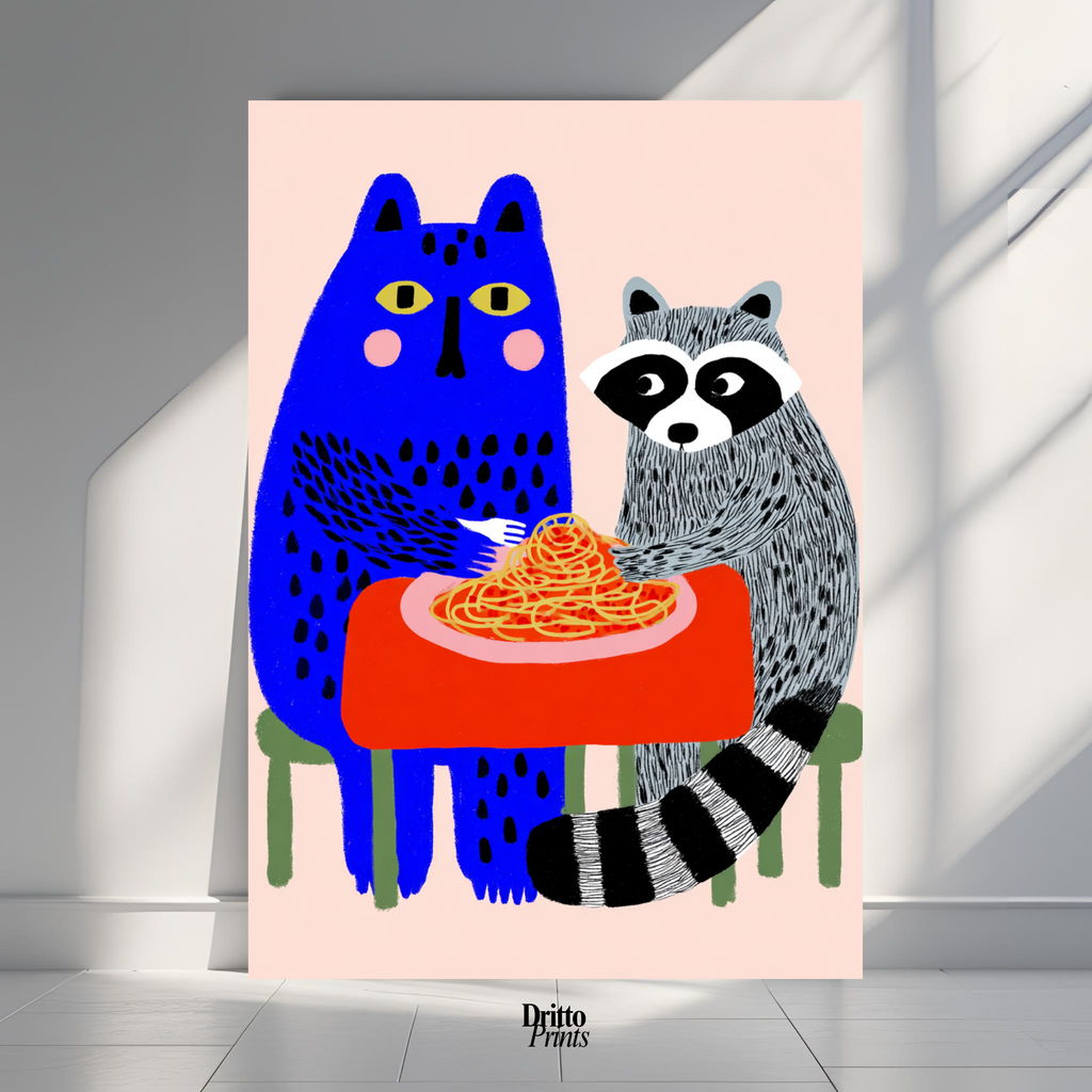 (PD44) Cat & Raccoon Dining Spaghetti - Poster
