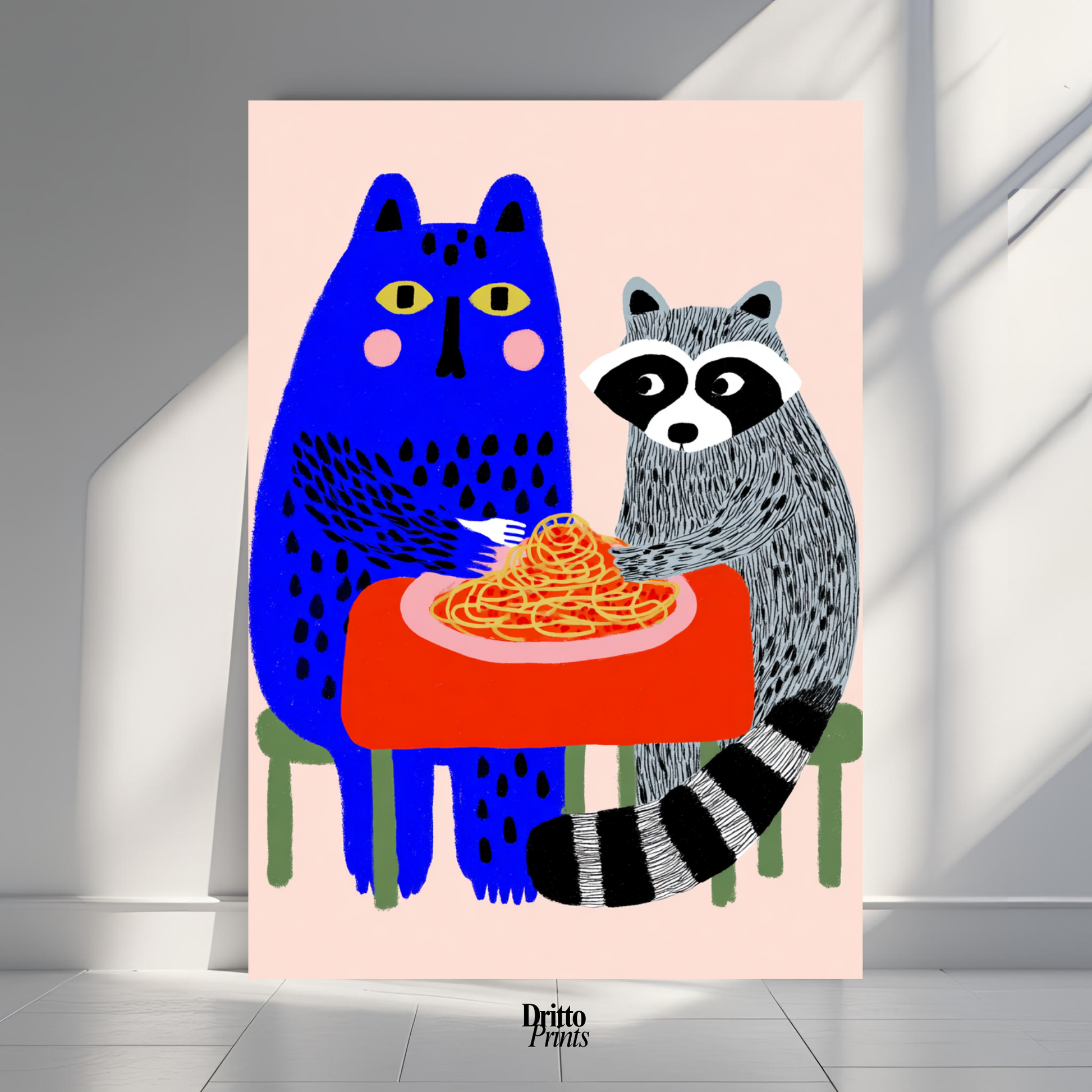 (PD44) Cat & Raccoon Dining Spaghetti - Poster