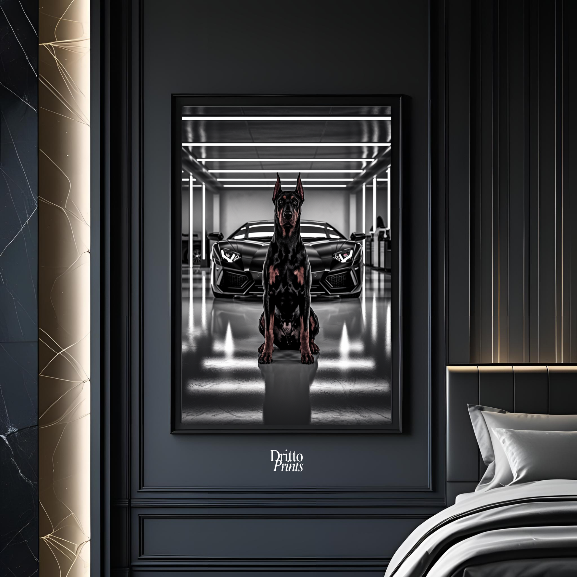 (FD6) The Garage King – Doberman and Aventador - Framed matte paper poster