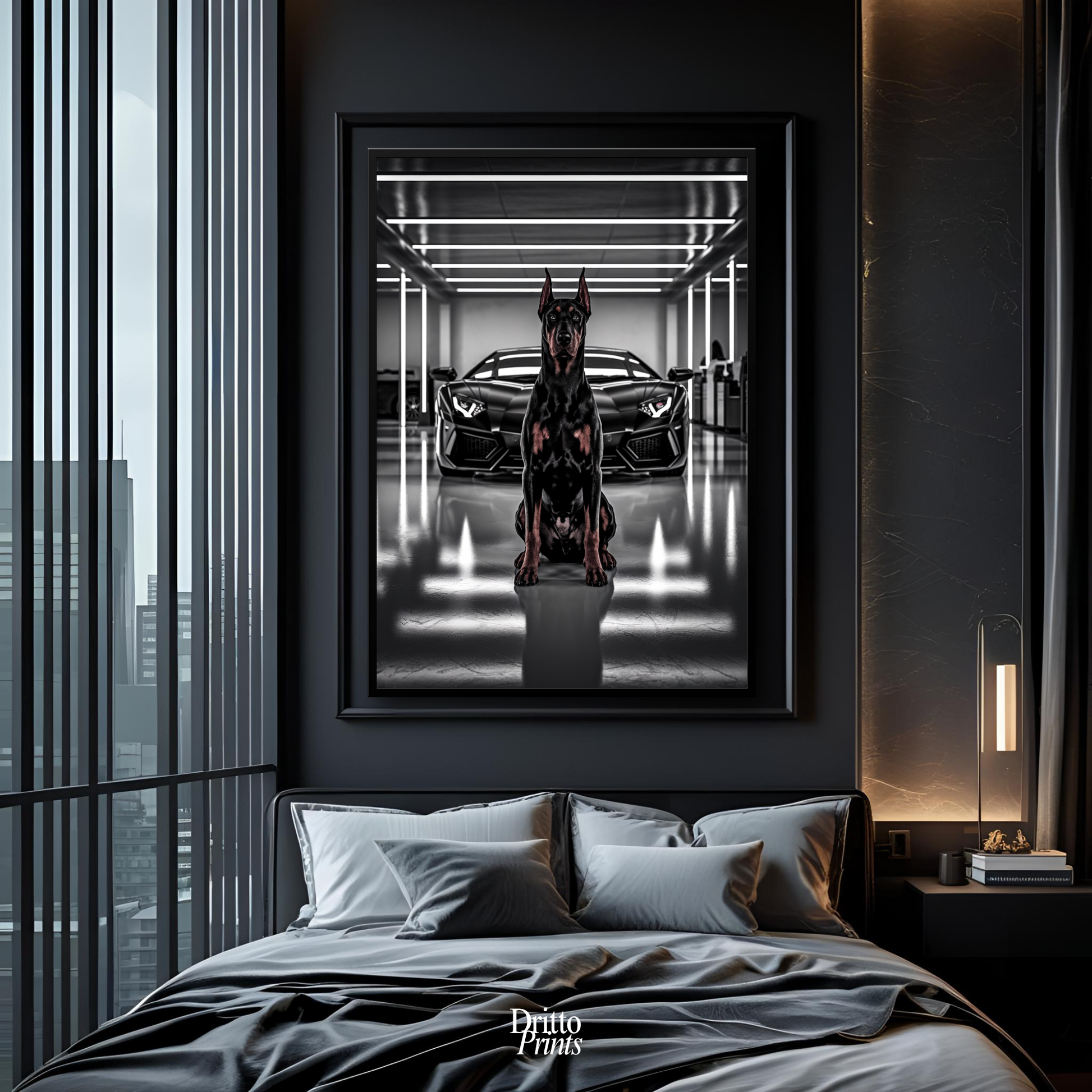 (FD6) The Garage King – Doberman and Aventador - Framed matte paper poster