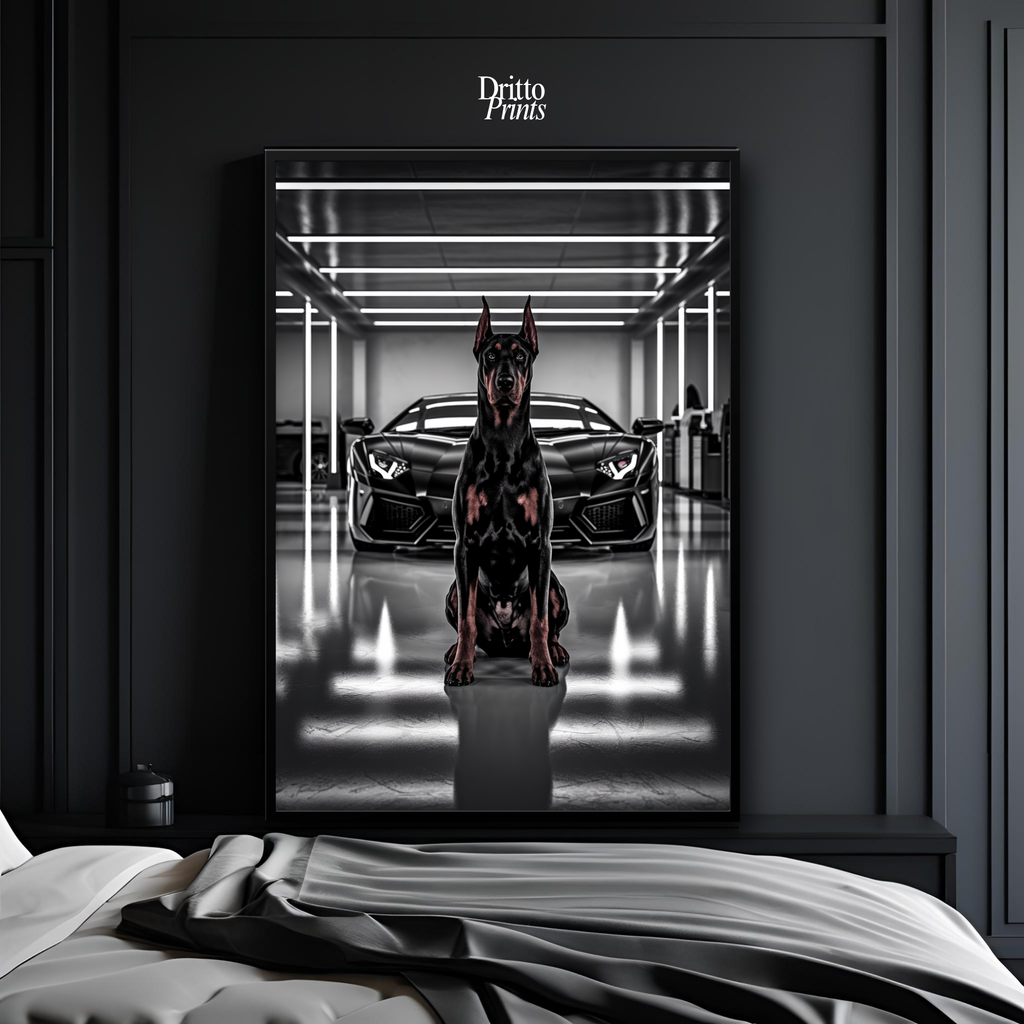 (FD6) The Garage King – Doberman and Aventador - Framed matte paper poster
