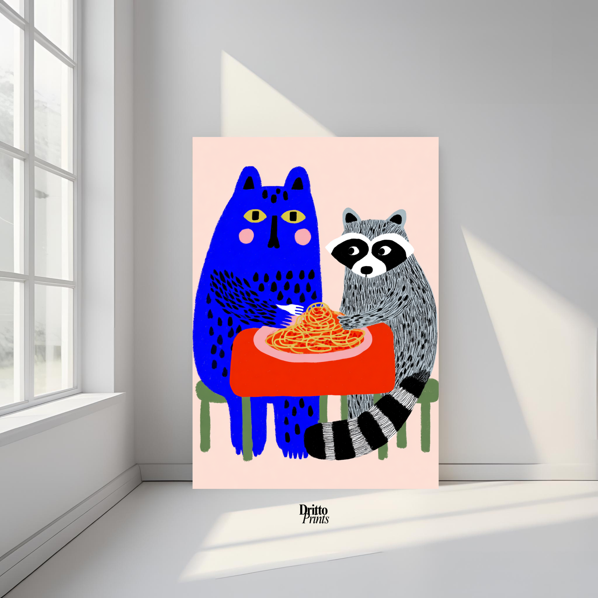 (PD44) Cat & Raccoon Dining Spaghetti - Poster