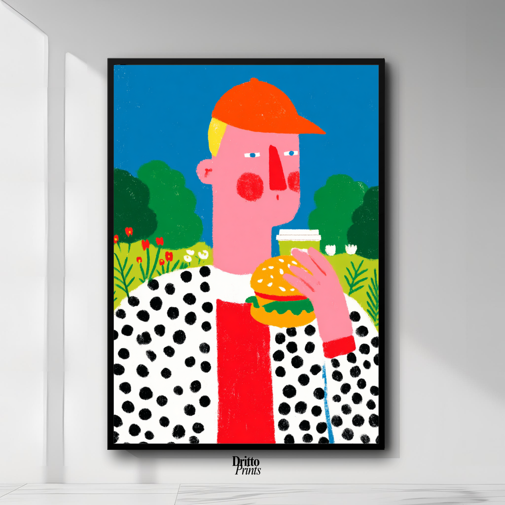 (FD45) Man Eating Burger in the Field –Framed matte paper poster