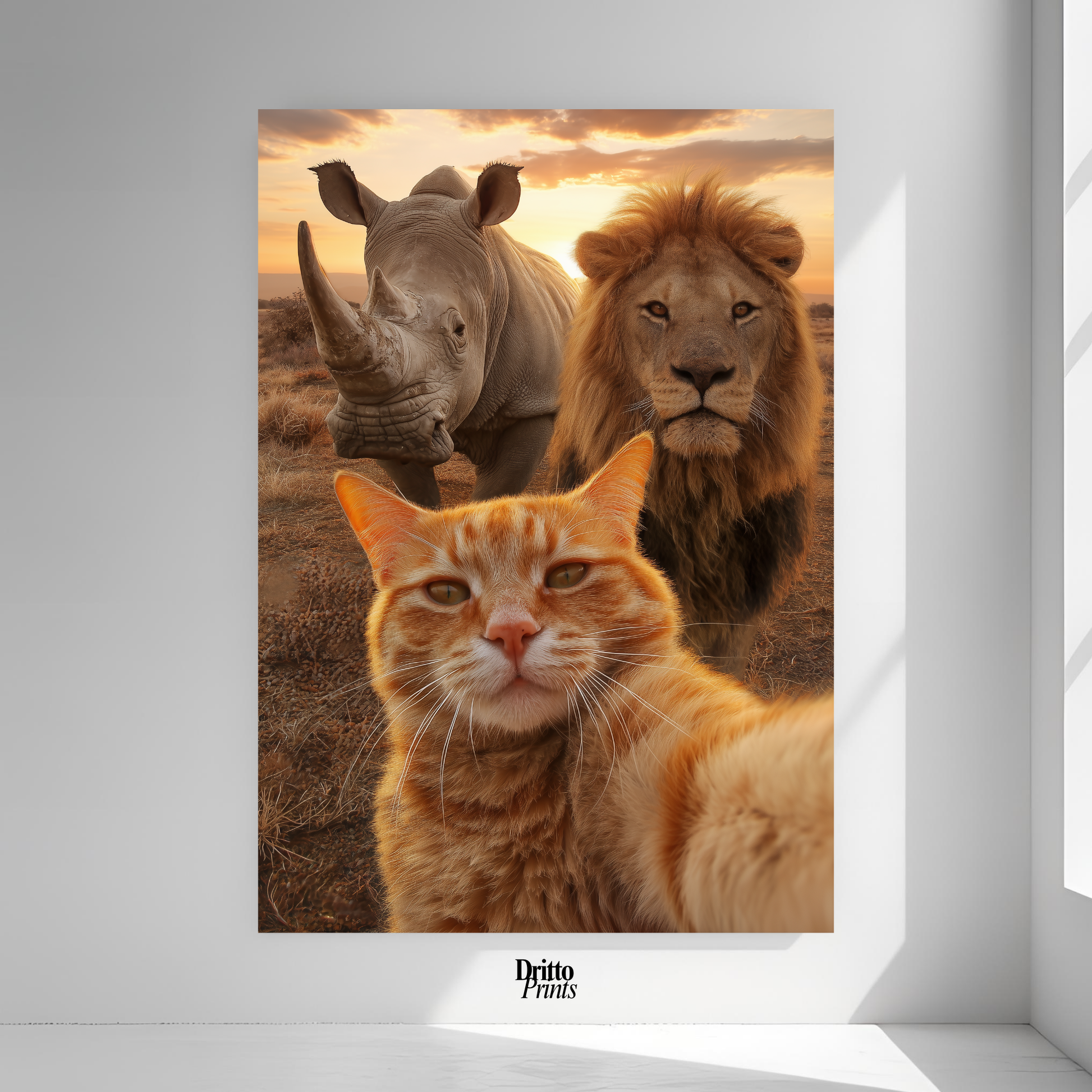 (PD26) Savannah Selfie: Tabby Cat, Lion & Rhino at Sunset Poster