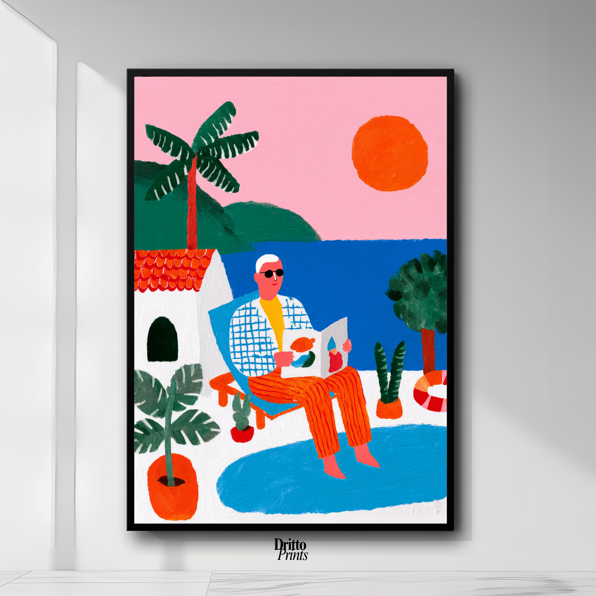 (FD37) Morning Glow by the Pool – 1980s Villa Scene Framed matte paper poster