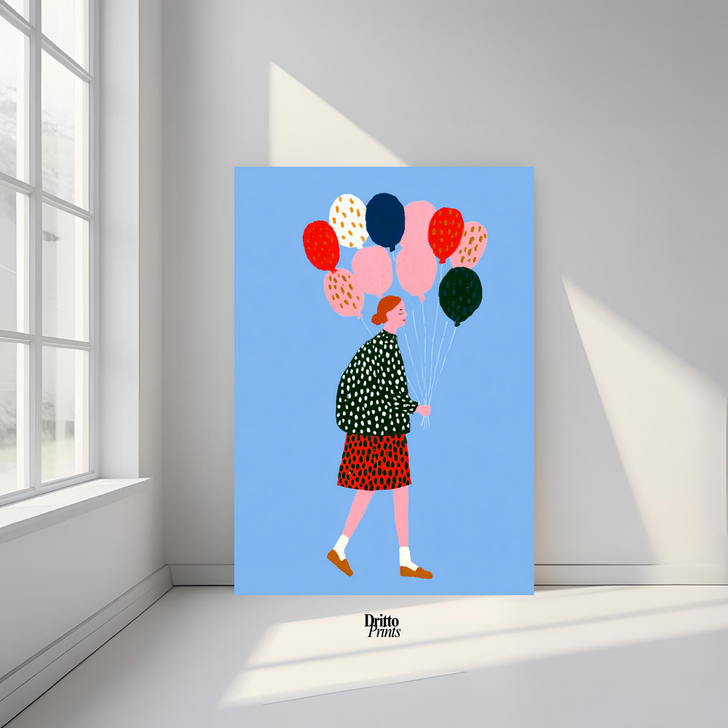 (PD35) Bright Skies – Girl with Colorful Balloons Poster