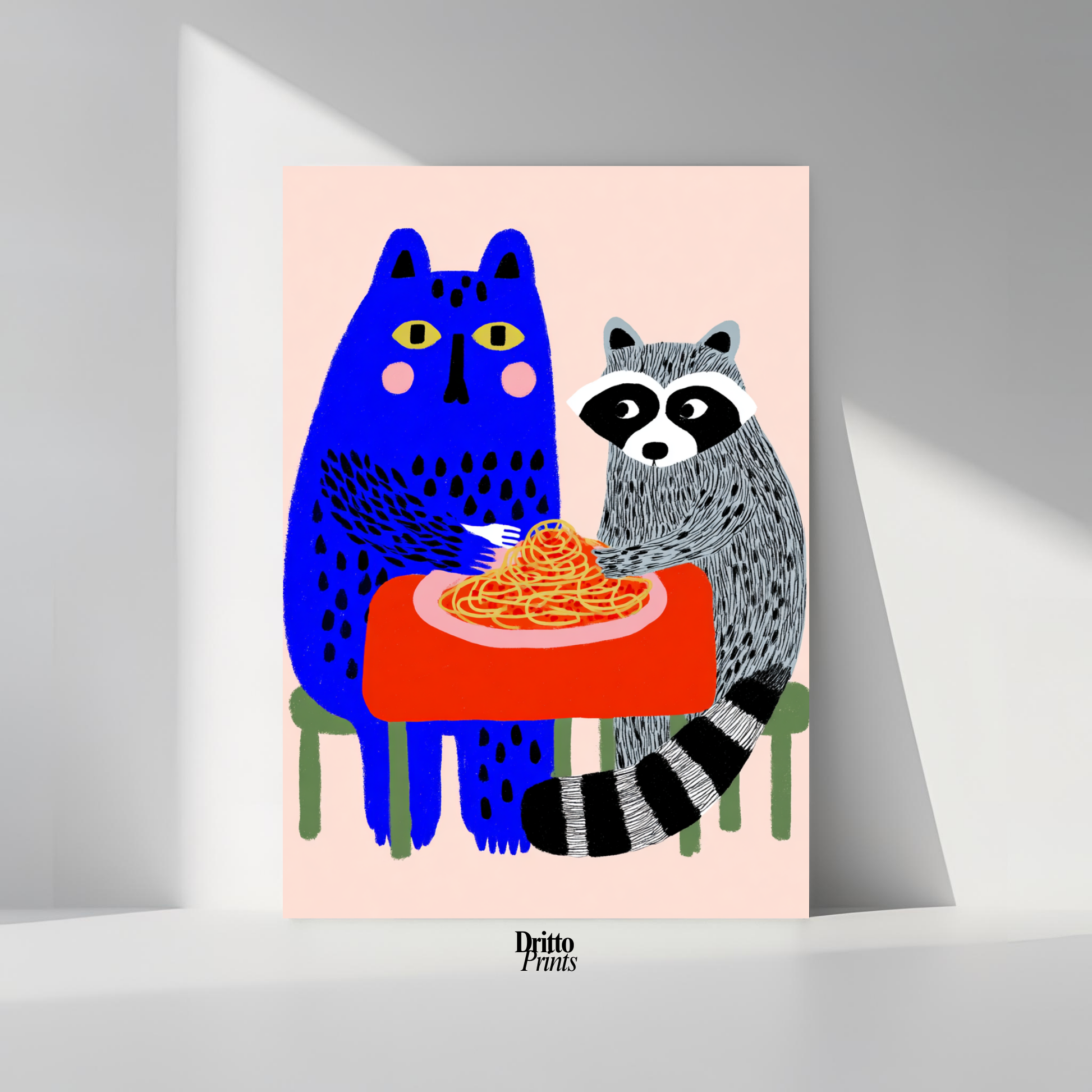 (PD44) Cat & Raccoon Dining Spaghetti - Poster