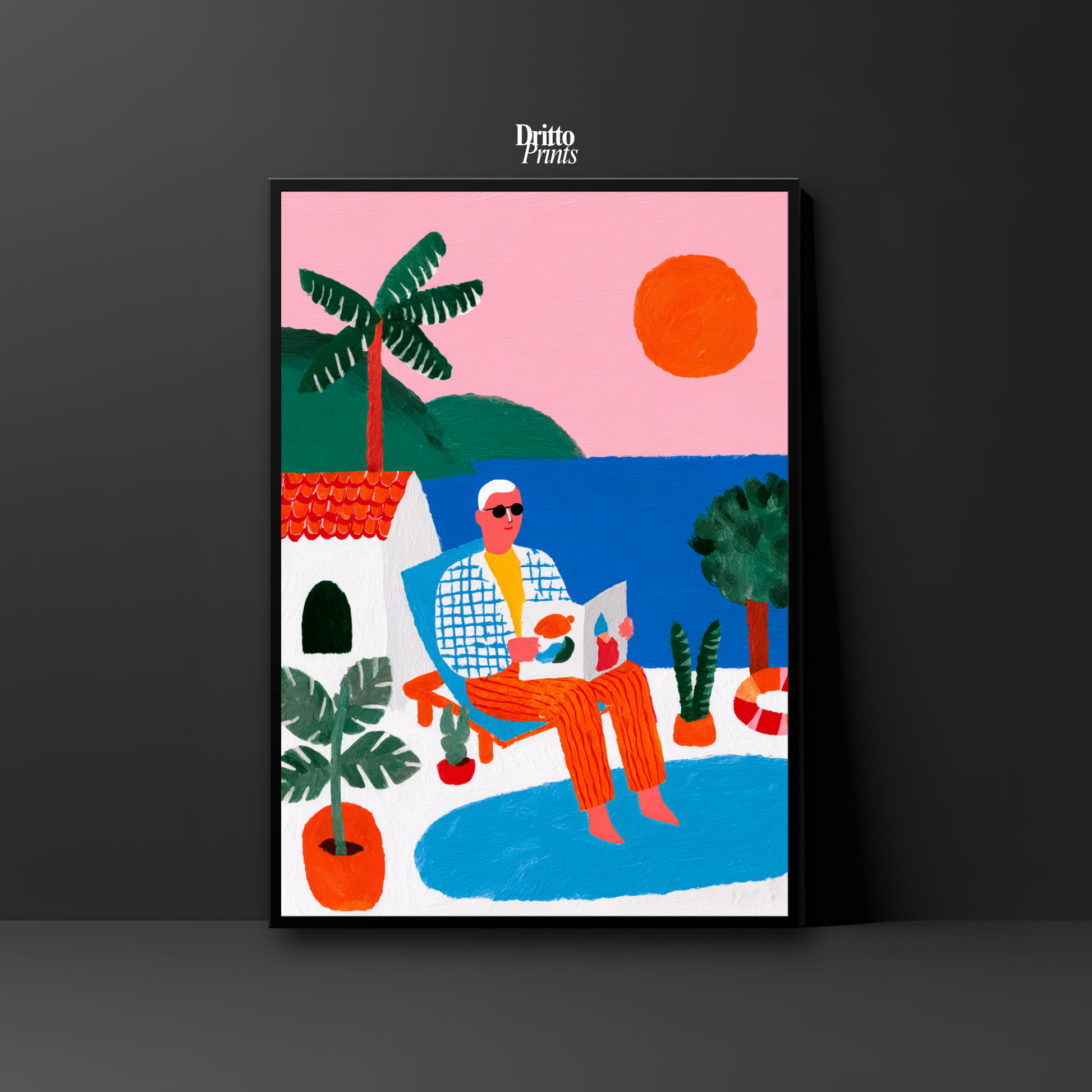 (FD37) Morning Glow by the Pool – 1980s Villa Scene Framed matte paper poster