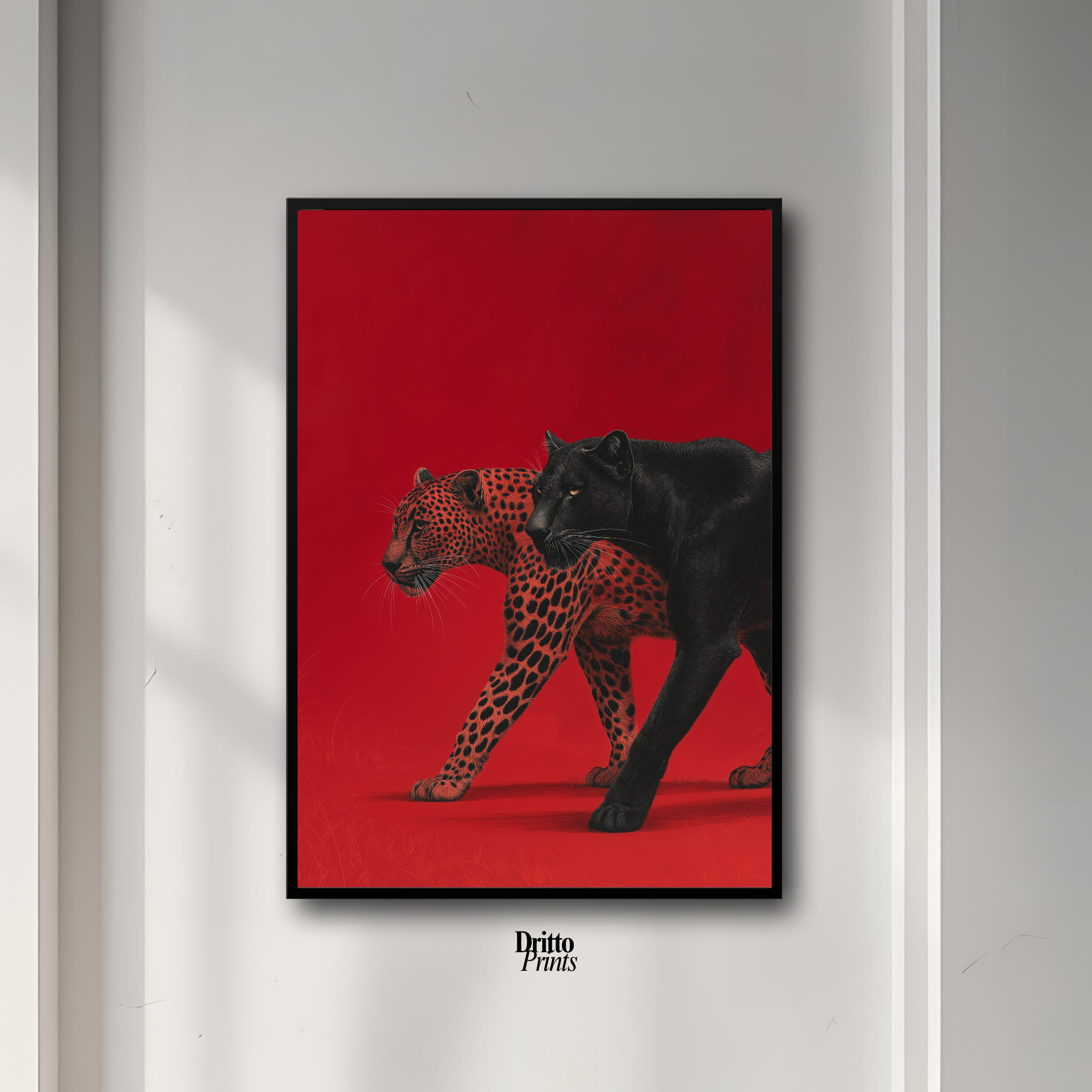 (FD32) Wild Pair – Black Panther & Cheetah Silhouette on Red Framed matte paper poster