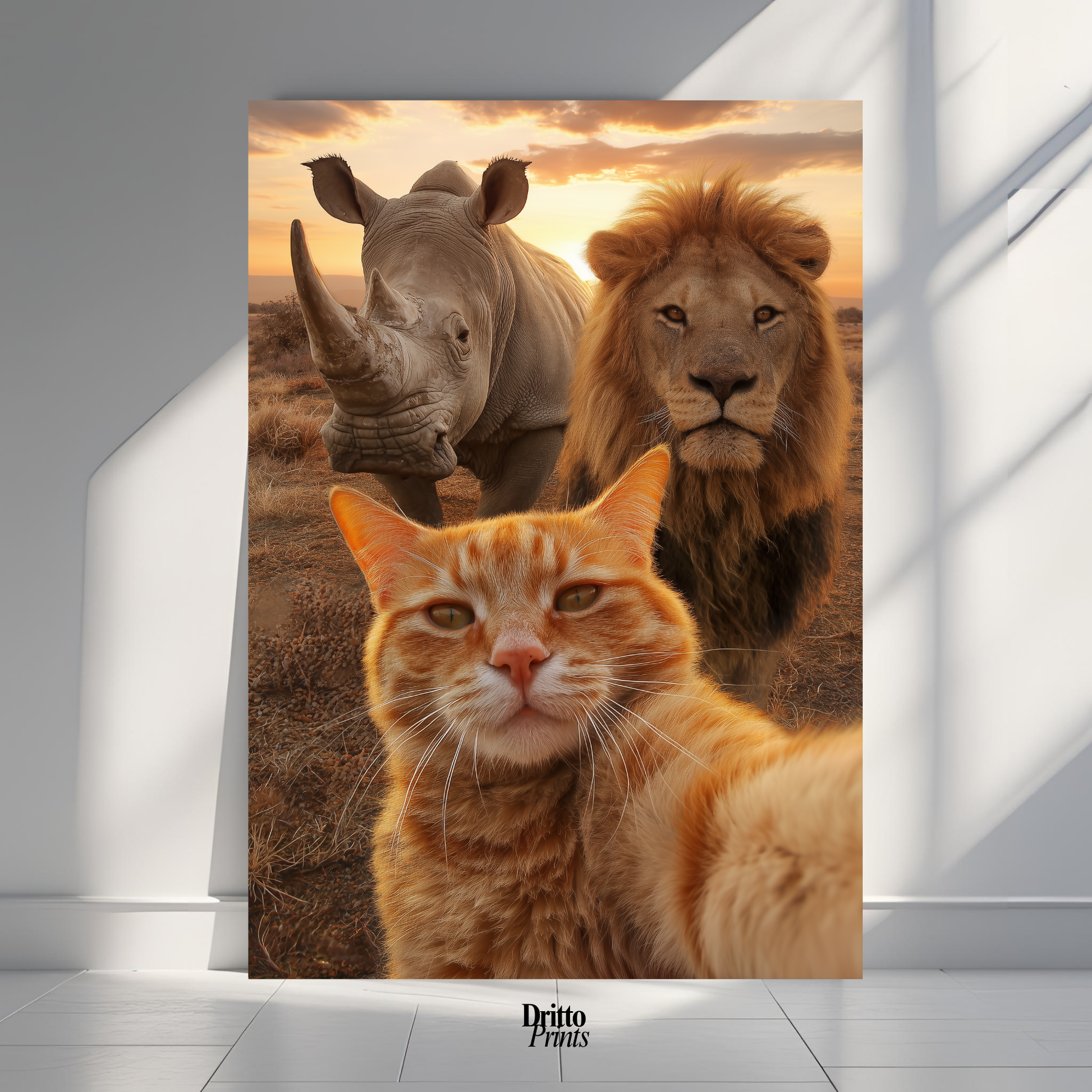 (PD26) Savannah Selfie: Tabby Cat, Lion & Rhino at Sunset Poster