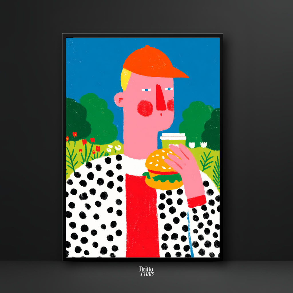 (FD45) Man Eating Burger in the Field –Framed matte paper poster