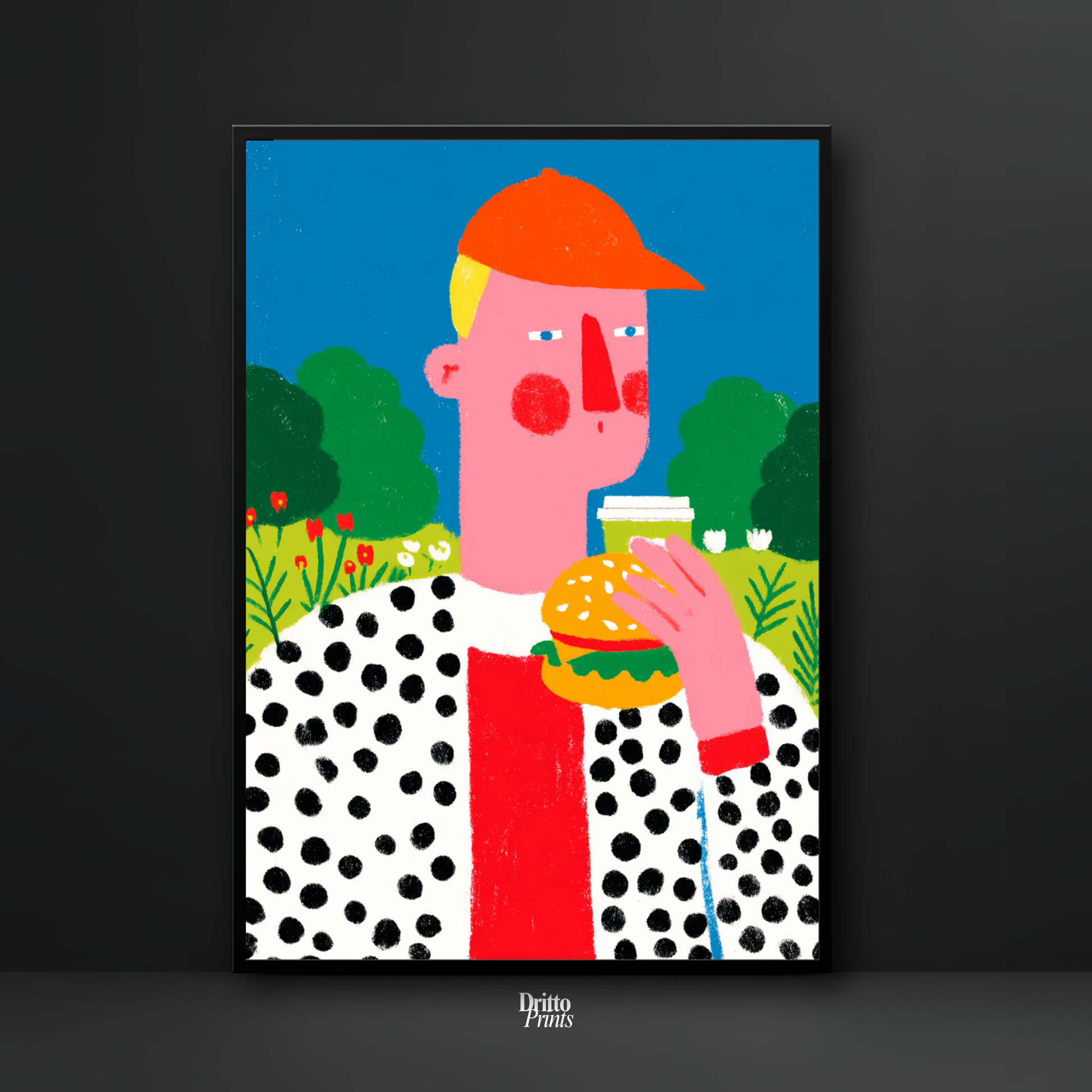 (FD45) Man Eating Burger in the Field –Framed matte paper poster