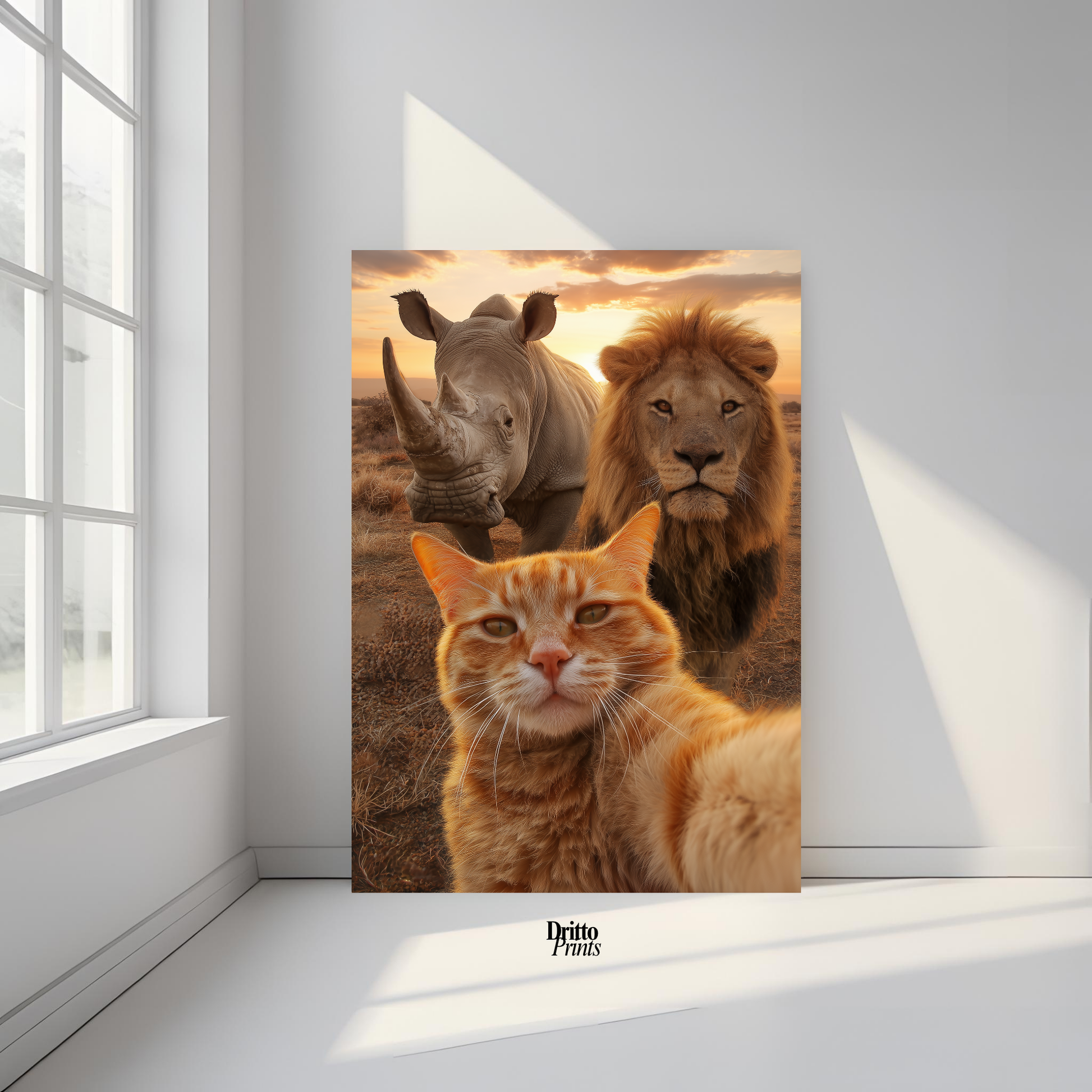 (PD26) Savannah Selfie: Tabby Cat, Lion & Rhino at Sunset Poster