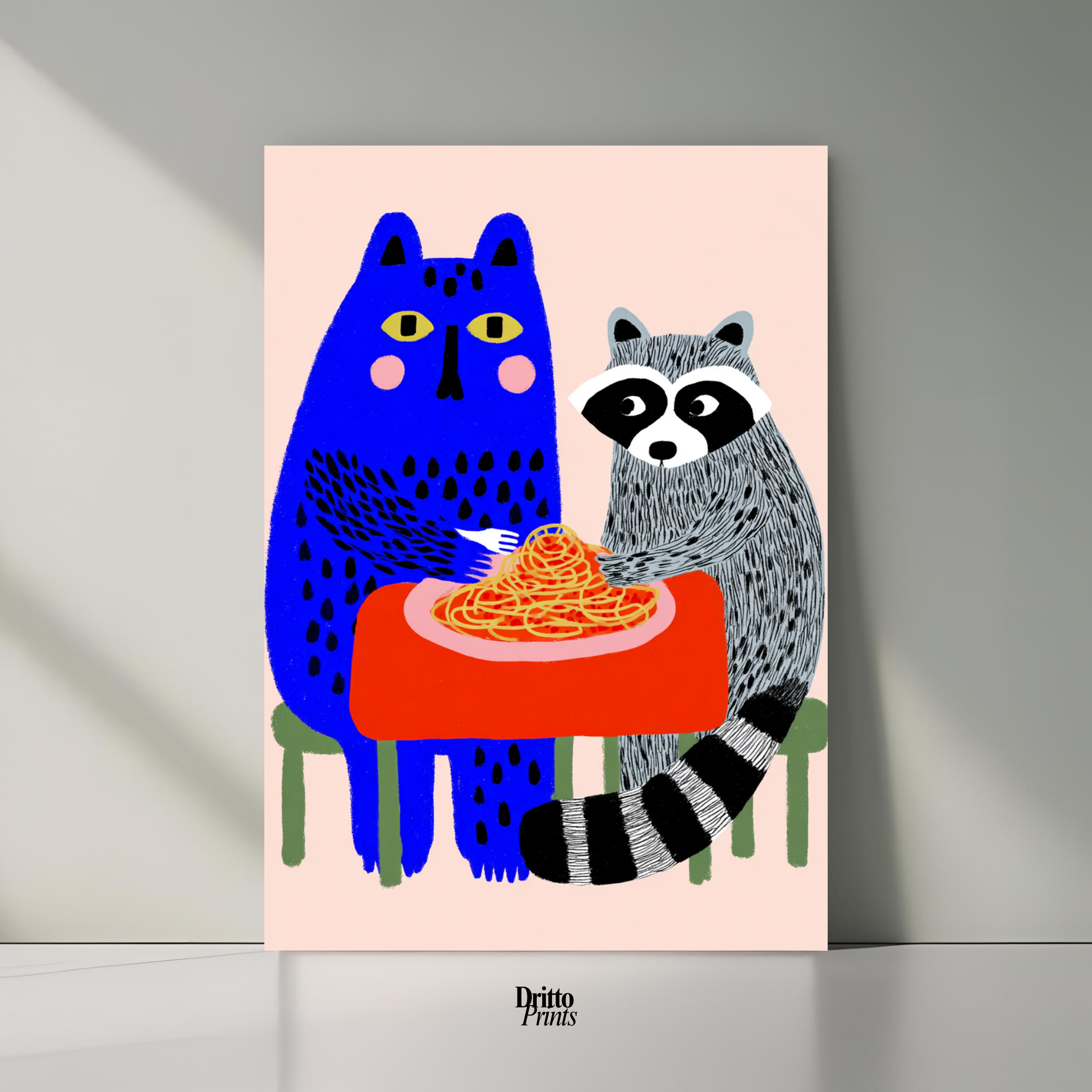 (PD44) Cat & Raccoon Dining Spaghetti - Poster