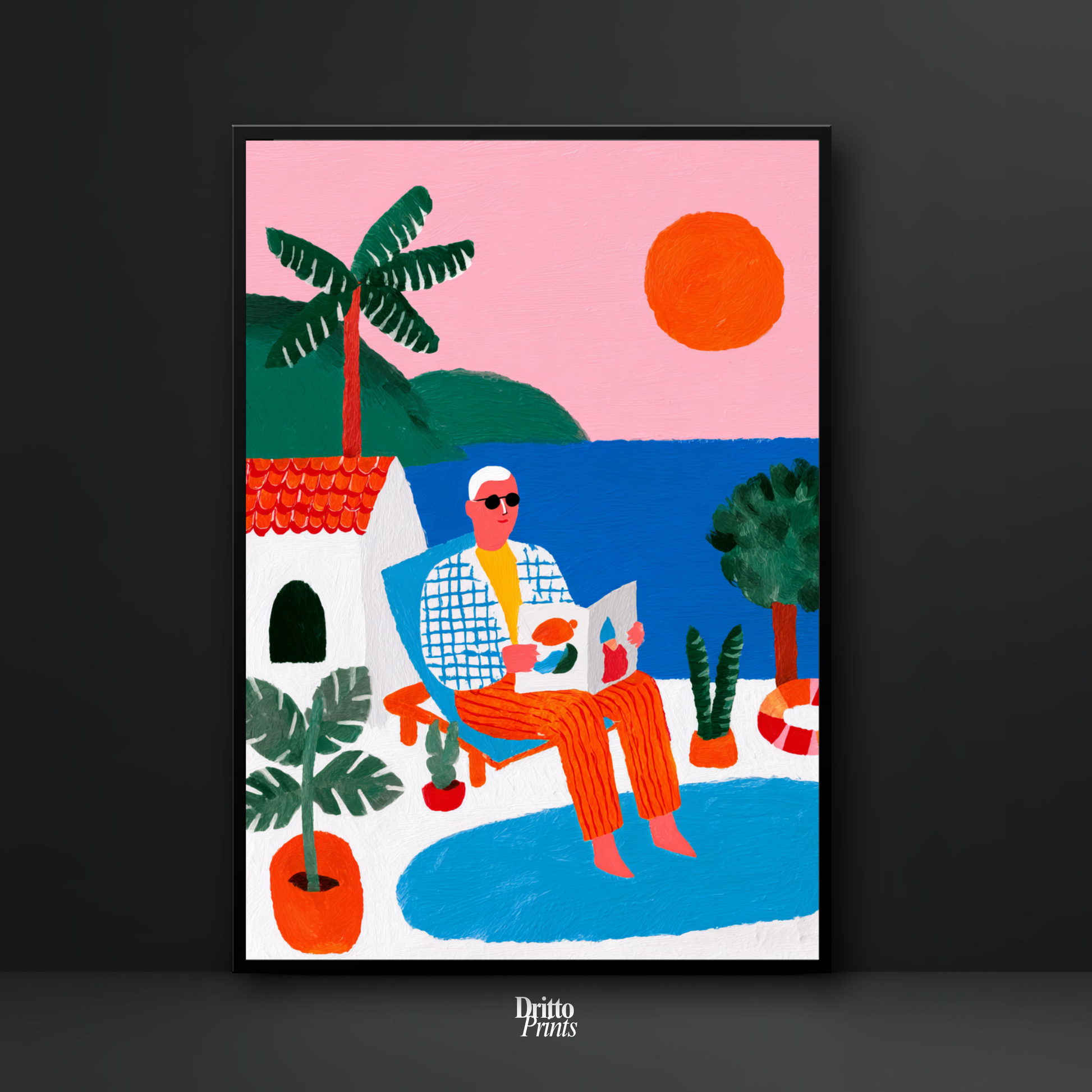 (FD37) Morning Glow by the Pool – 1980s Villa Scene Framed matte paper poster