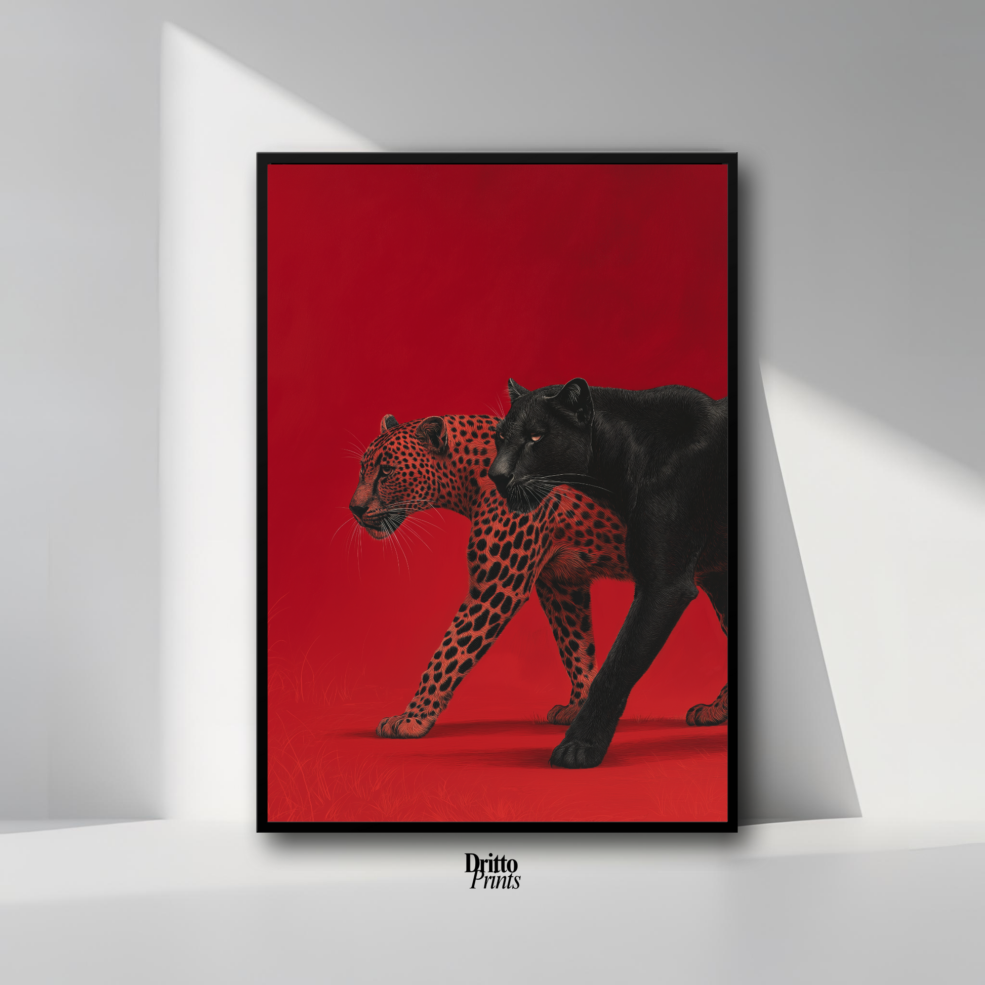 (FD32) Wild Pair – Black Panther & Cheetah Silhouette on Red Framed matte paper poster
