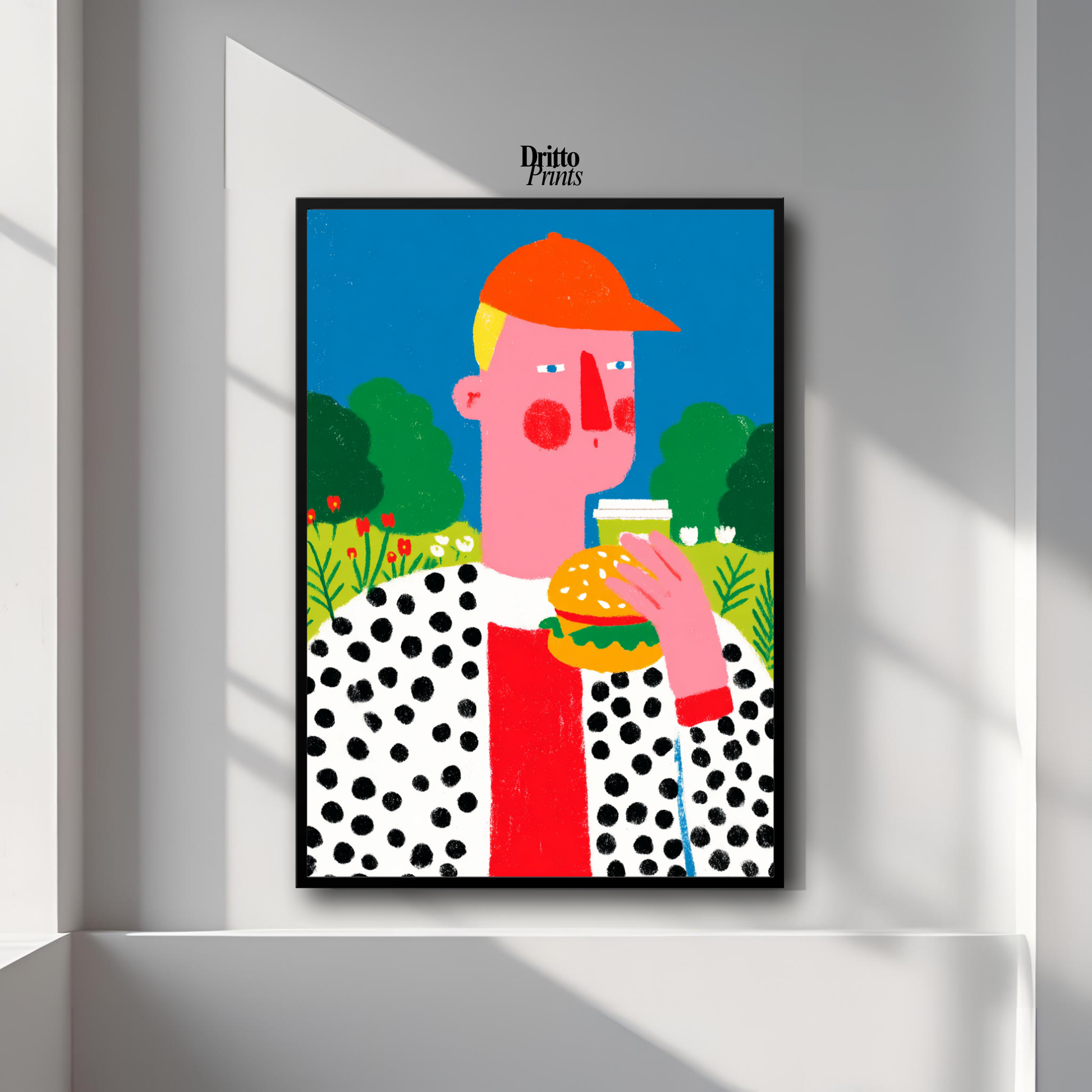 (FD45) Man Eating Burger in the Field –Framed matte paper poster