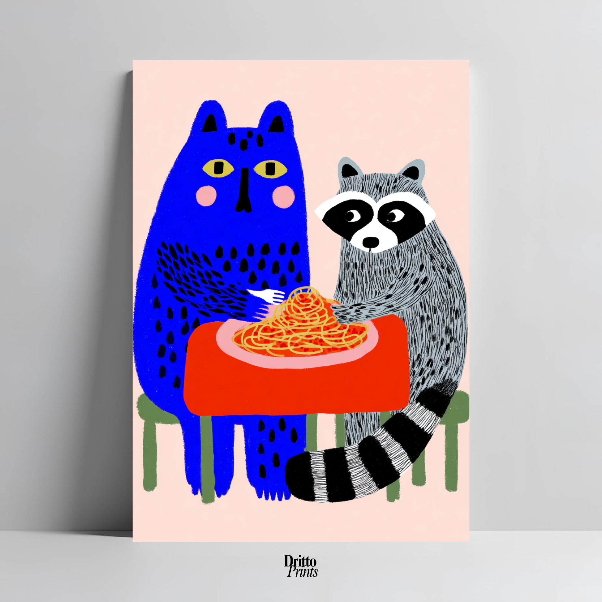 (PD44) Cat & Raccoon Dining Spaghetti - Poster