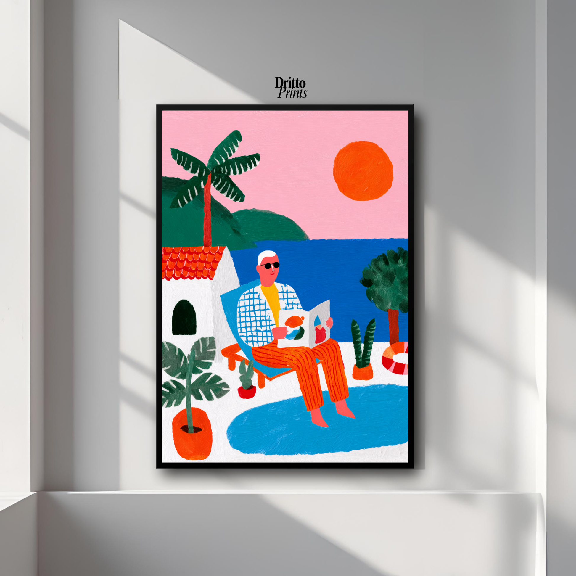 (FD37) Morning Glow by the Pool – 1980s Villa Scene Framed matte paper poster