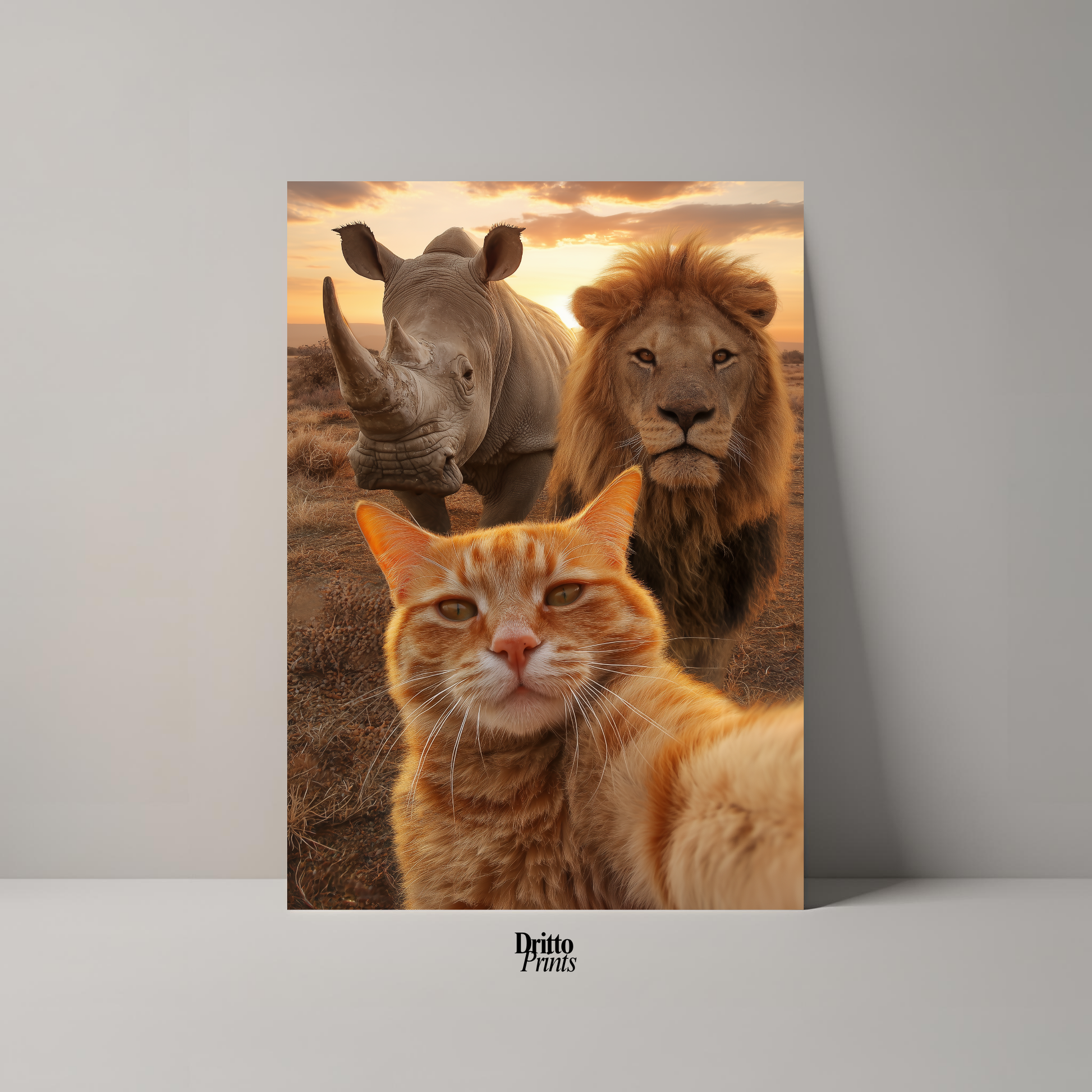 (PD26) Savannah Selfie: Tabby Cat, Lion & Rhino at Sunset Poster