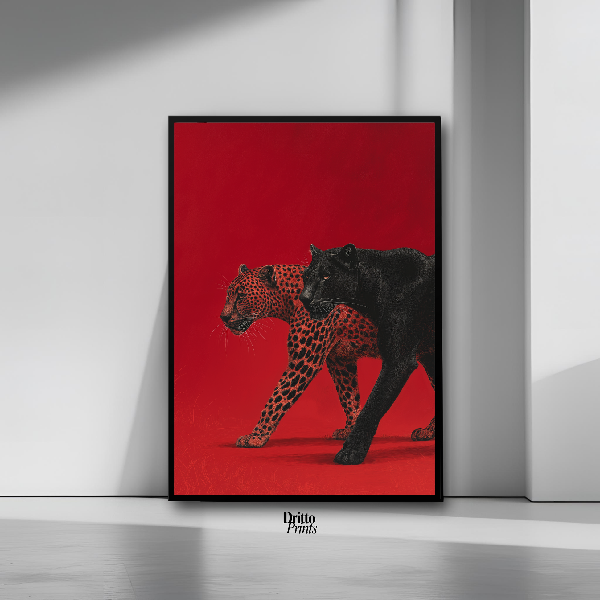 (FD32) Wild Pair – Black Panther & Cheetah Silhouette on Red Framed matte paper poster