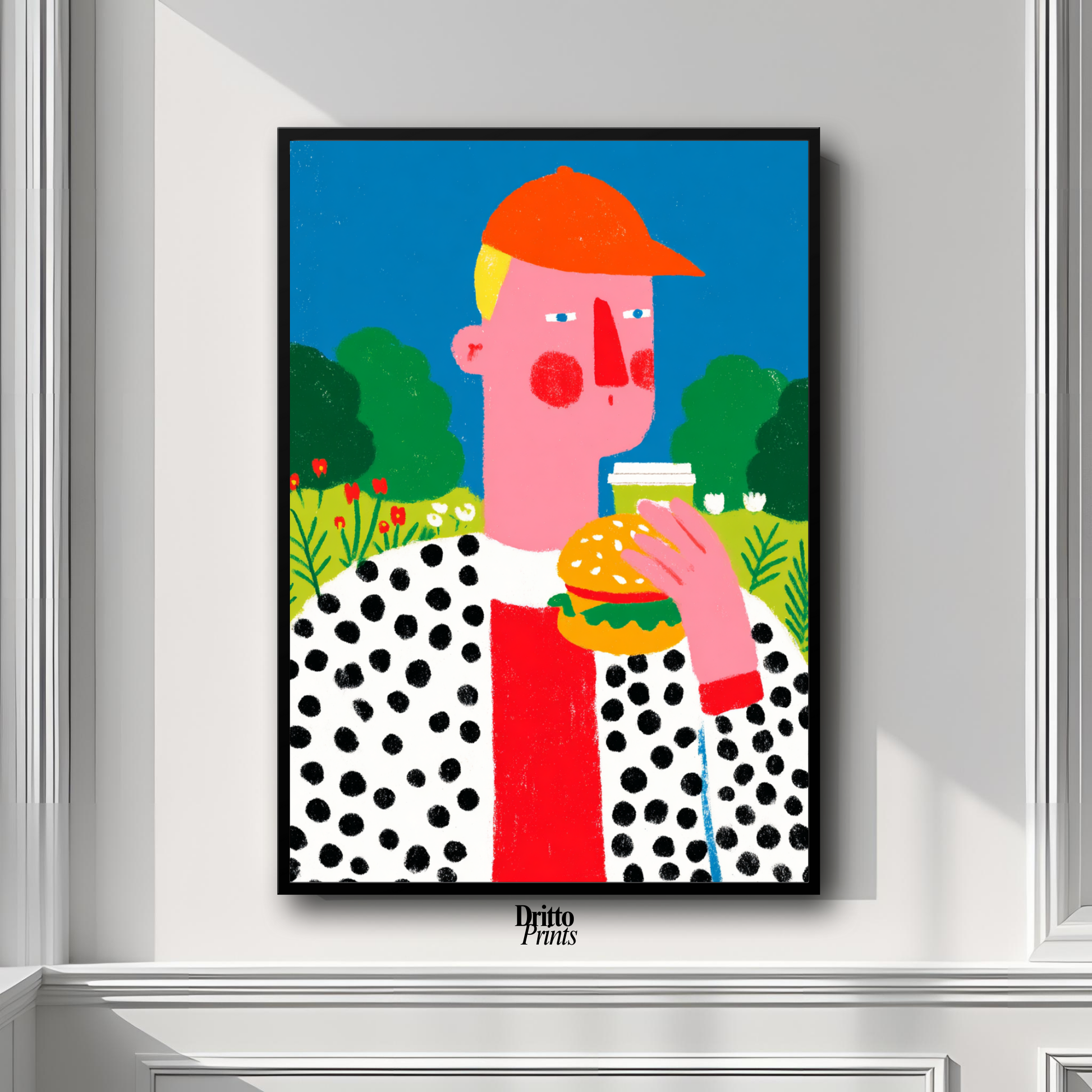 (FD45) Man Eating Burger in the Field –Framed matte paper poster