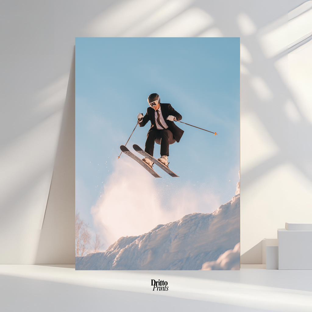 (PD27) Executive Takeoff – Skier in Suit Mid-Jump Poster