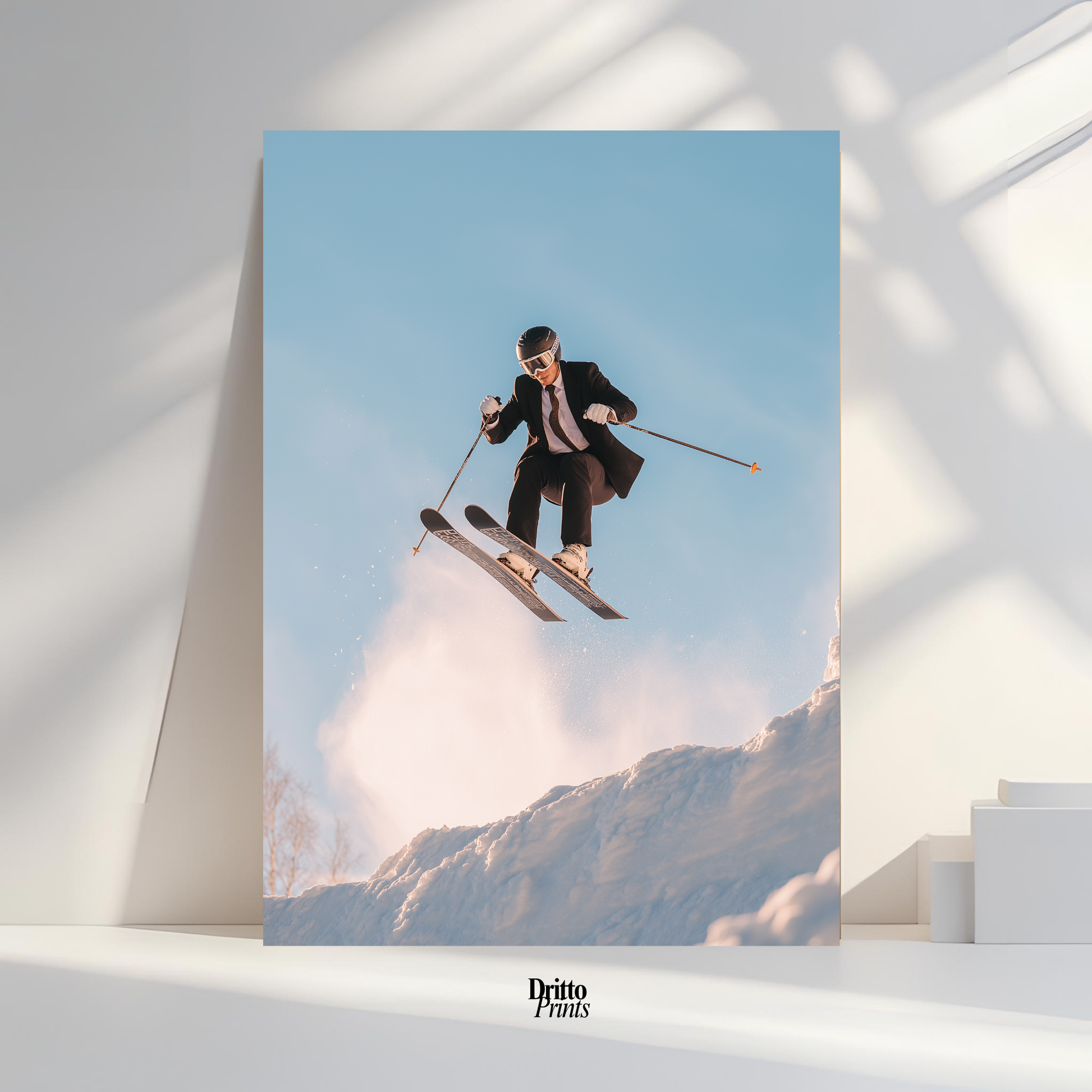 (PD27) Executive Takeoff – Skier in Suit Mid-Jump Poster