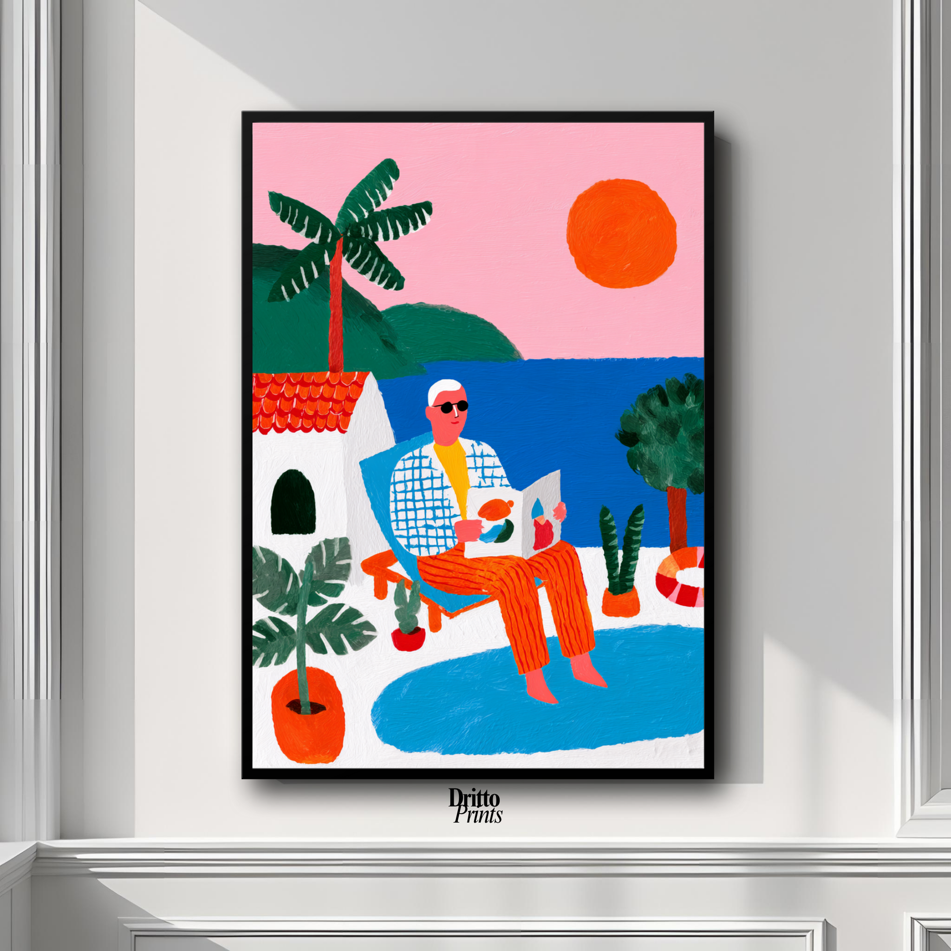 (FD37) Morning Glow by the Pool – 1980s Villa Scene Framed matte paper poster