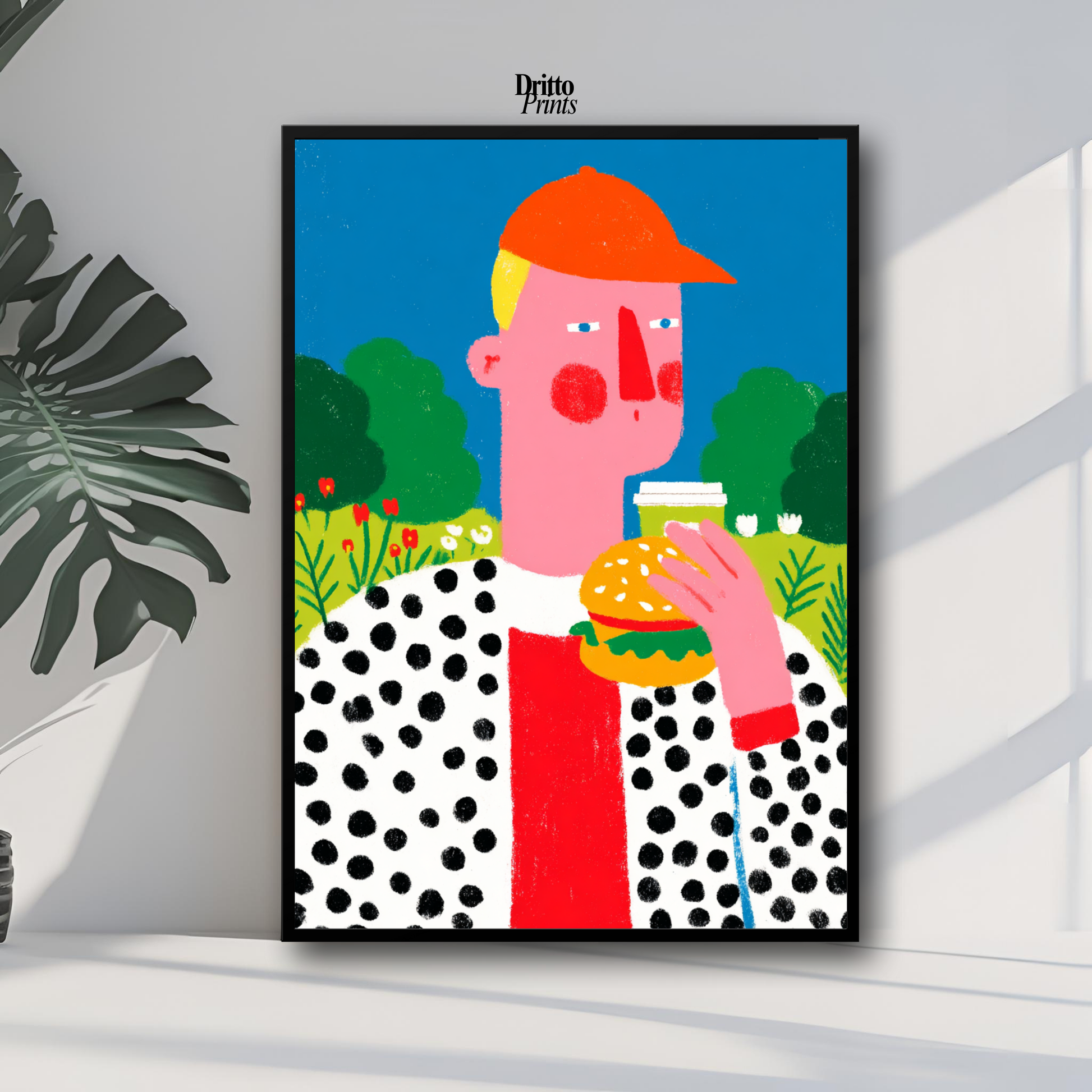 (FD45) Man Eating Burger in the Field –Framed matte paper poster