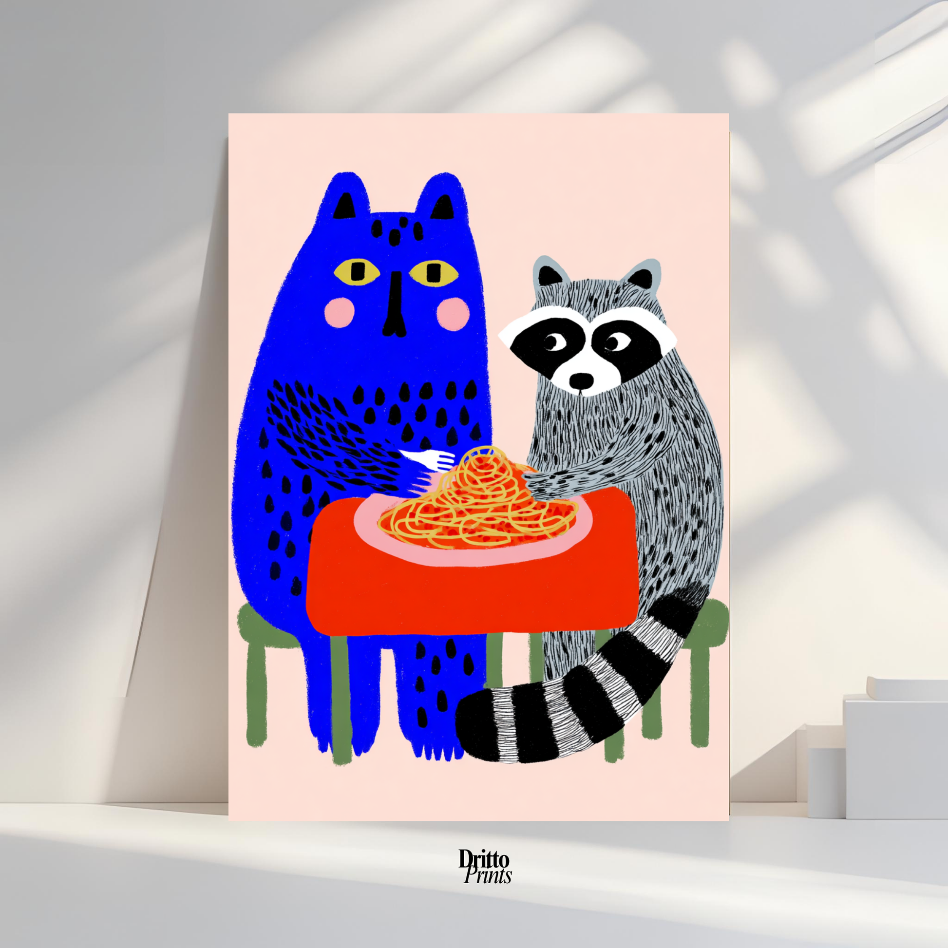 (PD44) Cat & Raccoon Dining Spaghetti - Poster