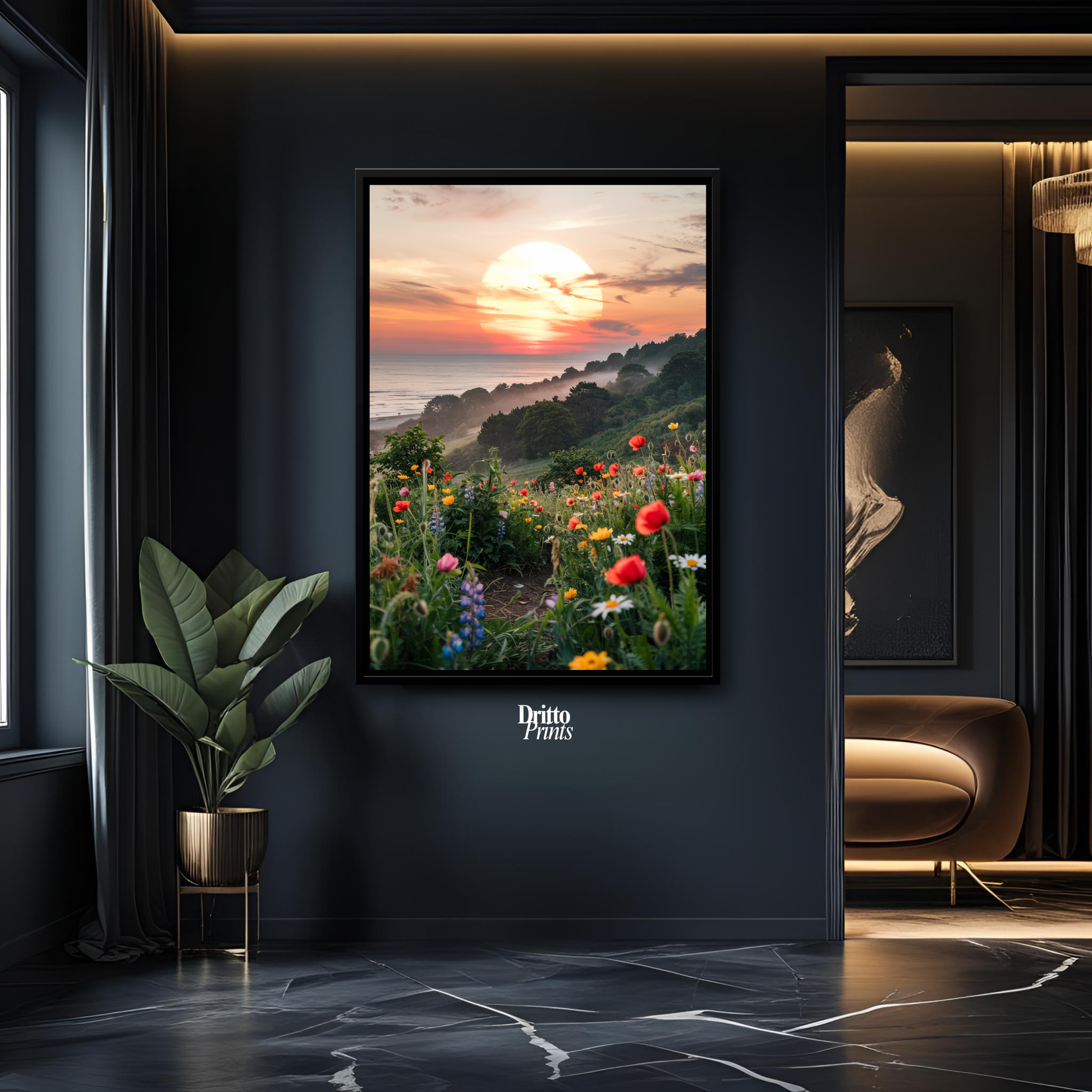 (CF5) Mystical Sunrise Over Hillside - Framed canvas