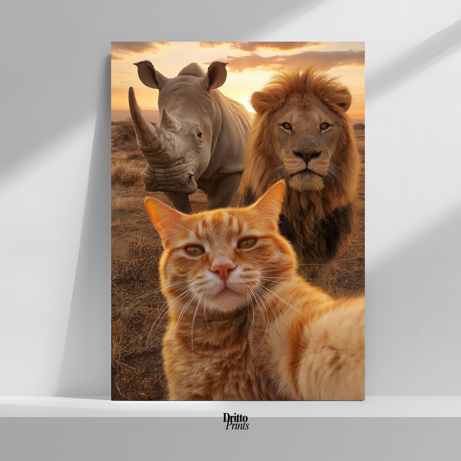(PD26) Savannah Selfie: Tabby Cat, Lion & Rhino at Sunset Poster