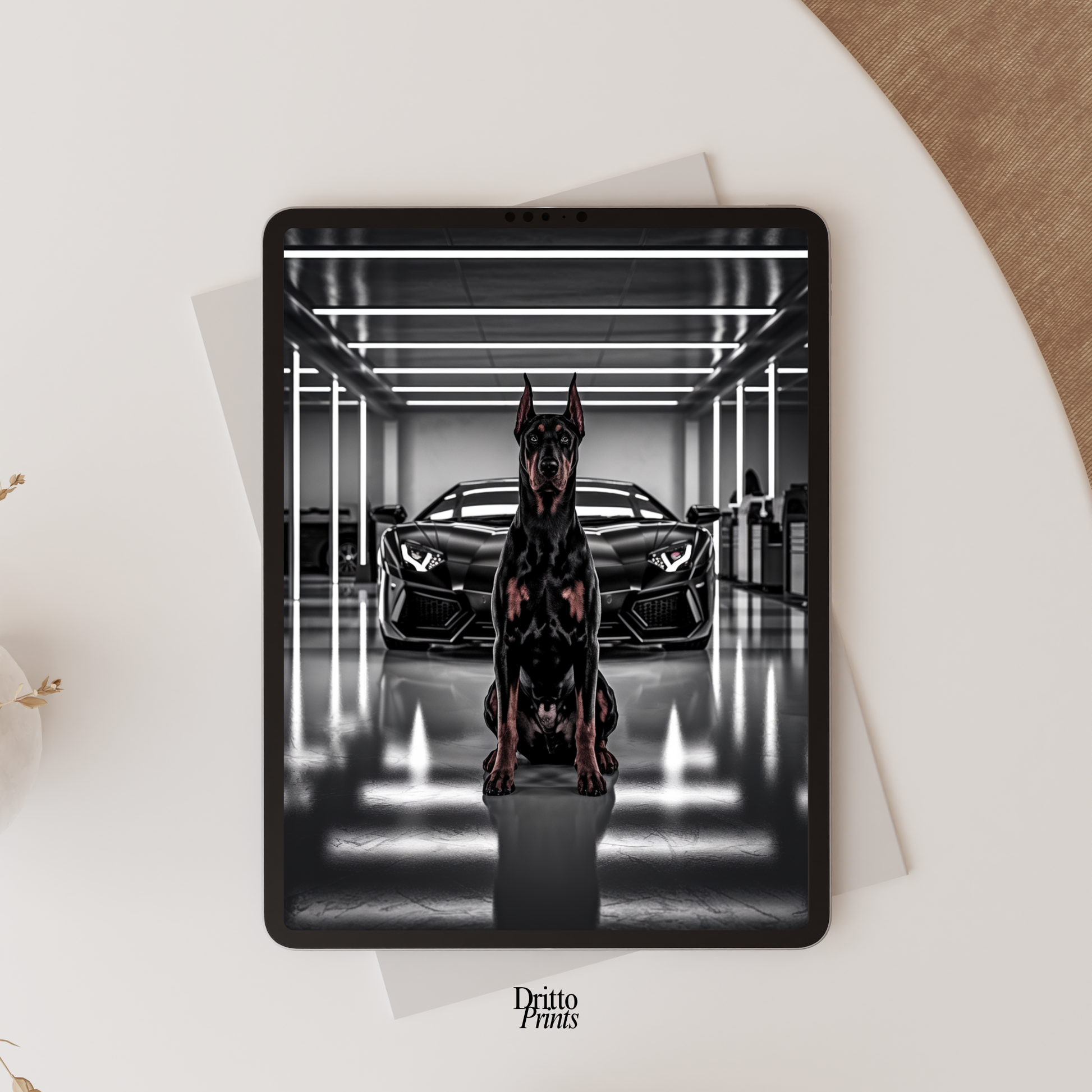 (FD6) The Garage King – Doberman and Aventador - Framed matte paper poster