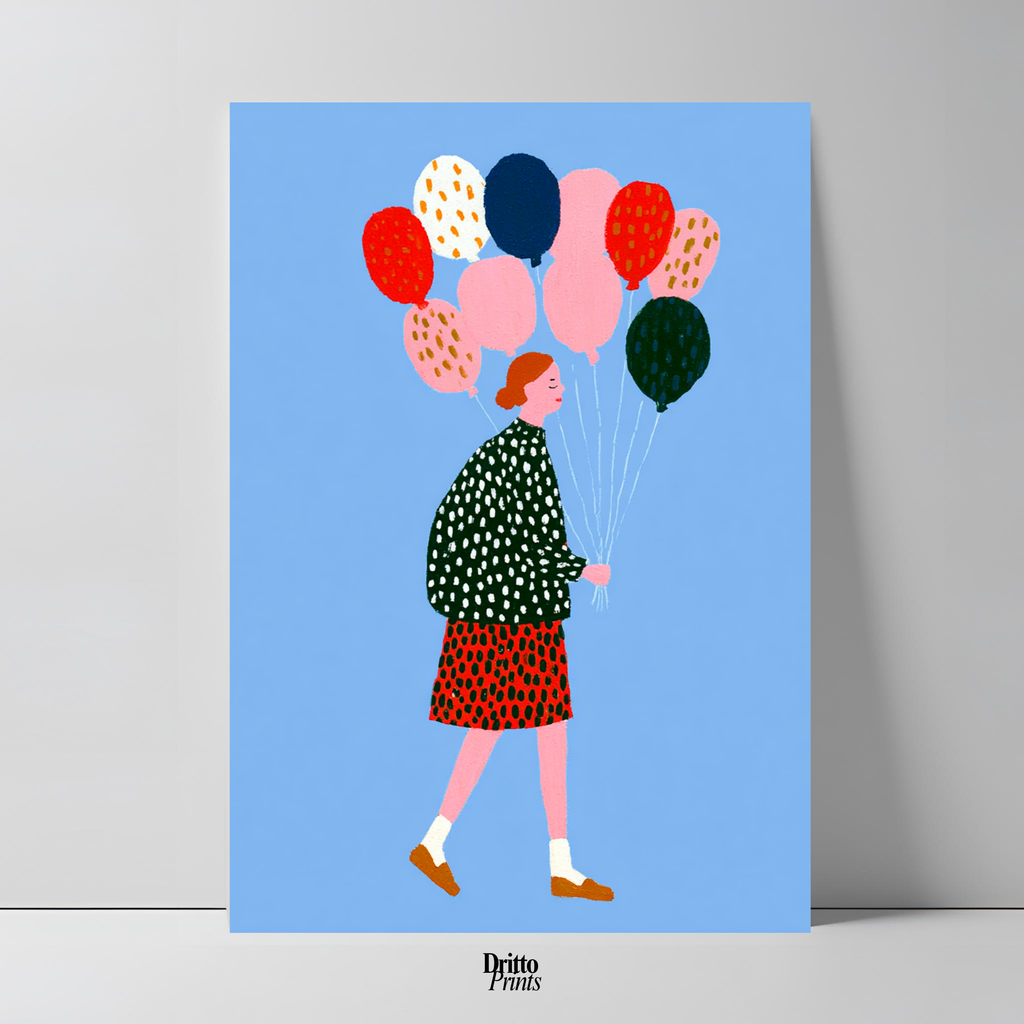 (PD35) Bright Skies – Girl with Colorful Balloons Poster