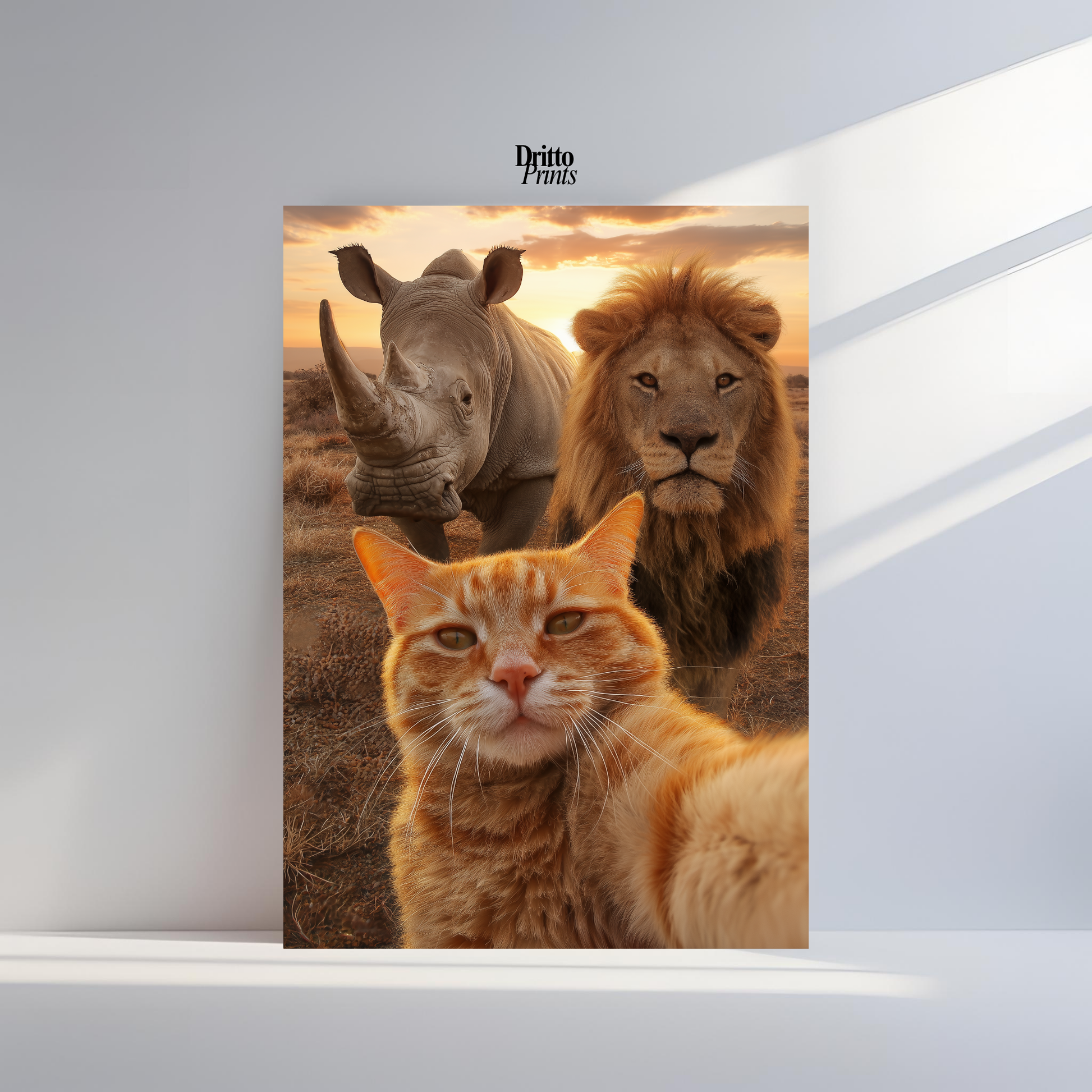 (PD26) Savannah Selfie: Tabby Cat, Lion & Rhino at Sunset Poster