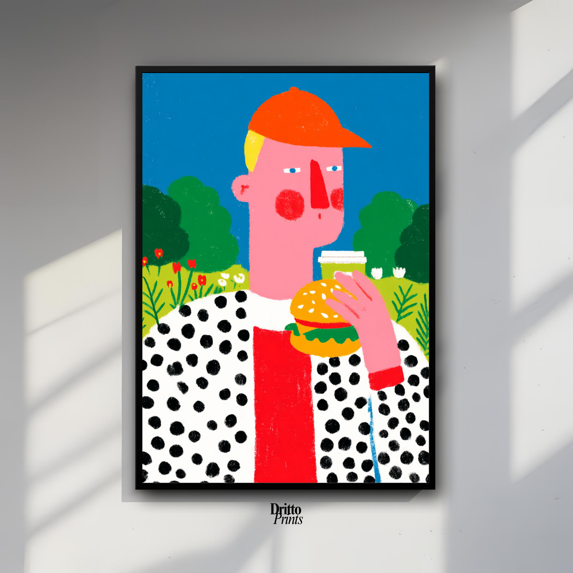 (FD45) Man Eating Burger in the Field –Framed matte paper poster